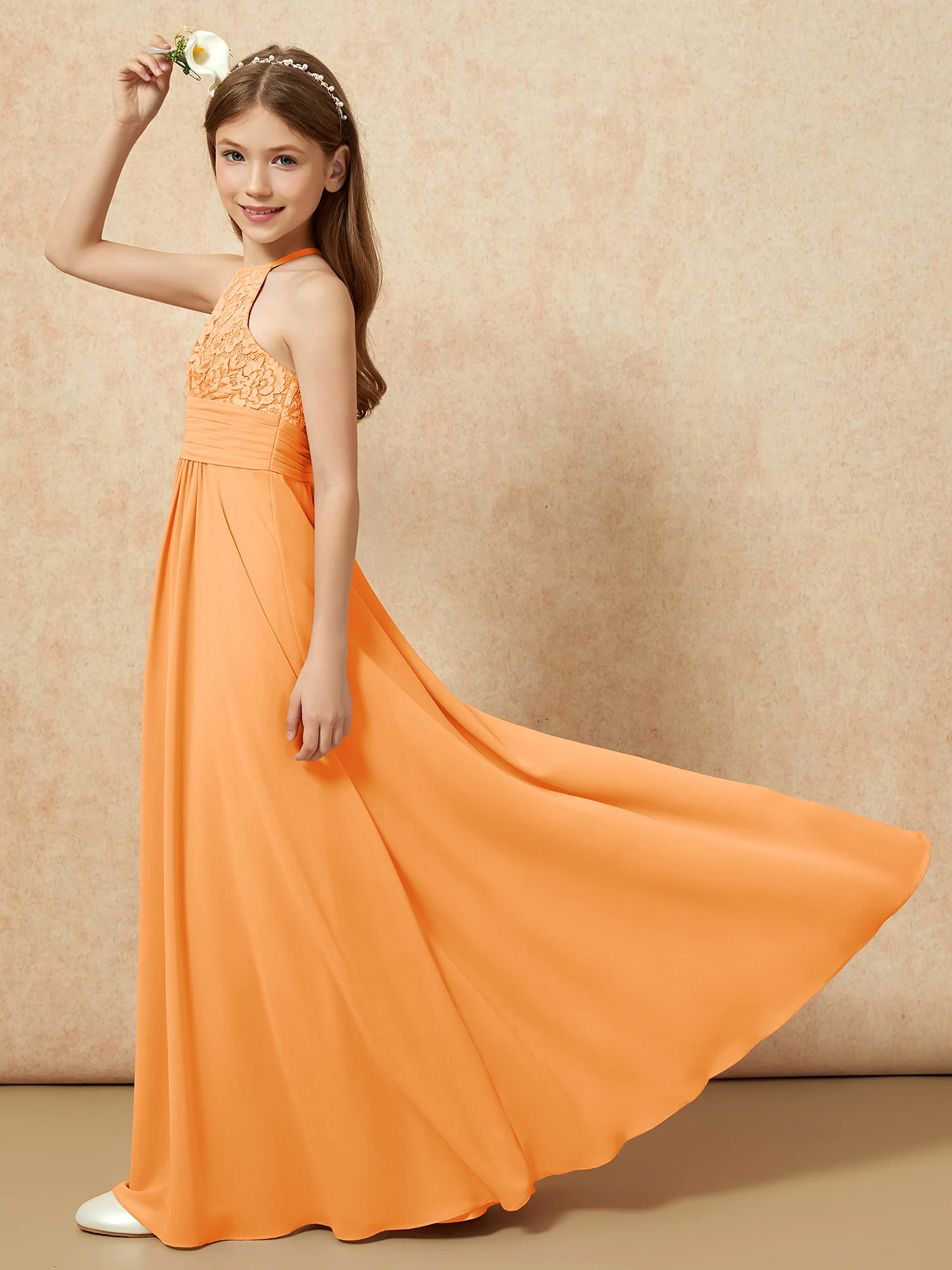 Halter Neck Lace Top Chiffon Junior Bridesmaid Dress Orange - Image 6