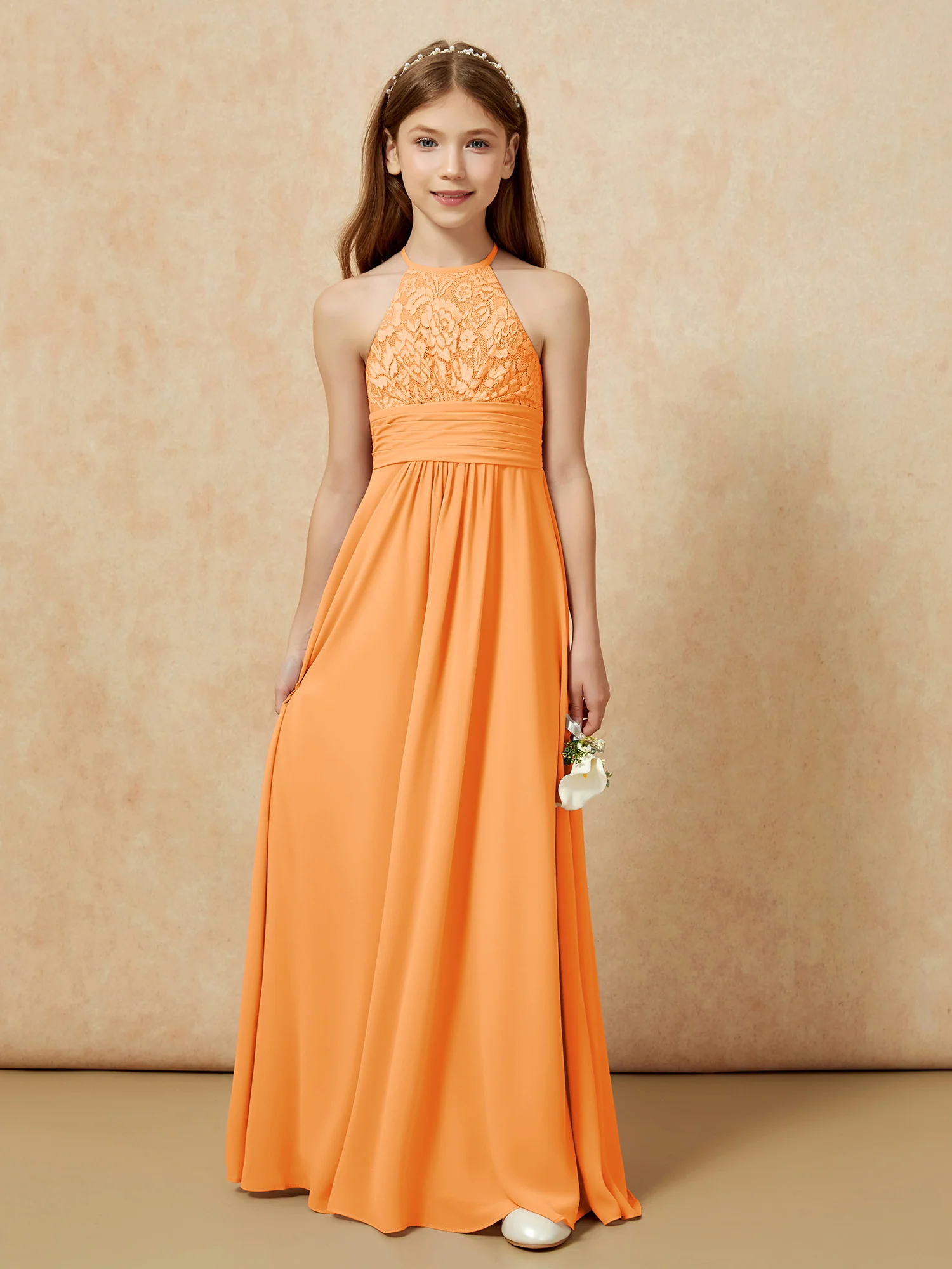 Halter Neck Lace Top Chiffon Junior Bridesmaid Dress Orange - Image 7