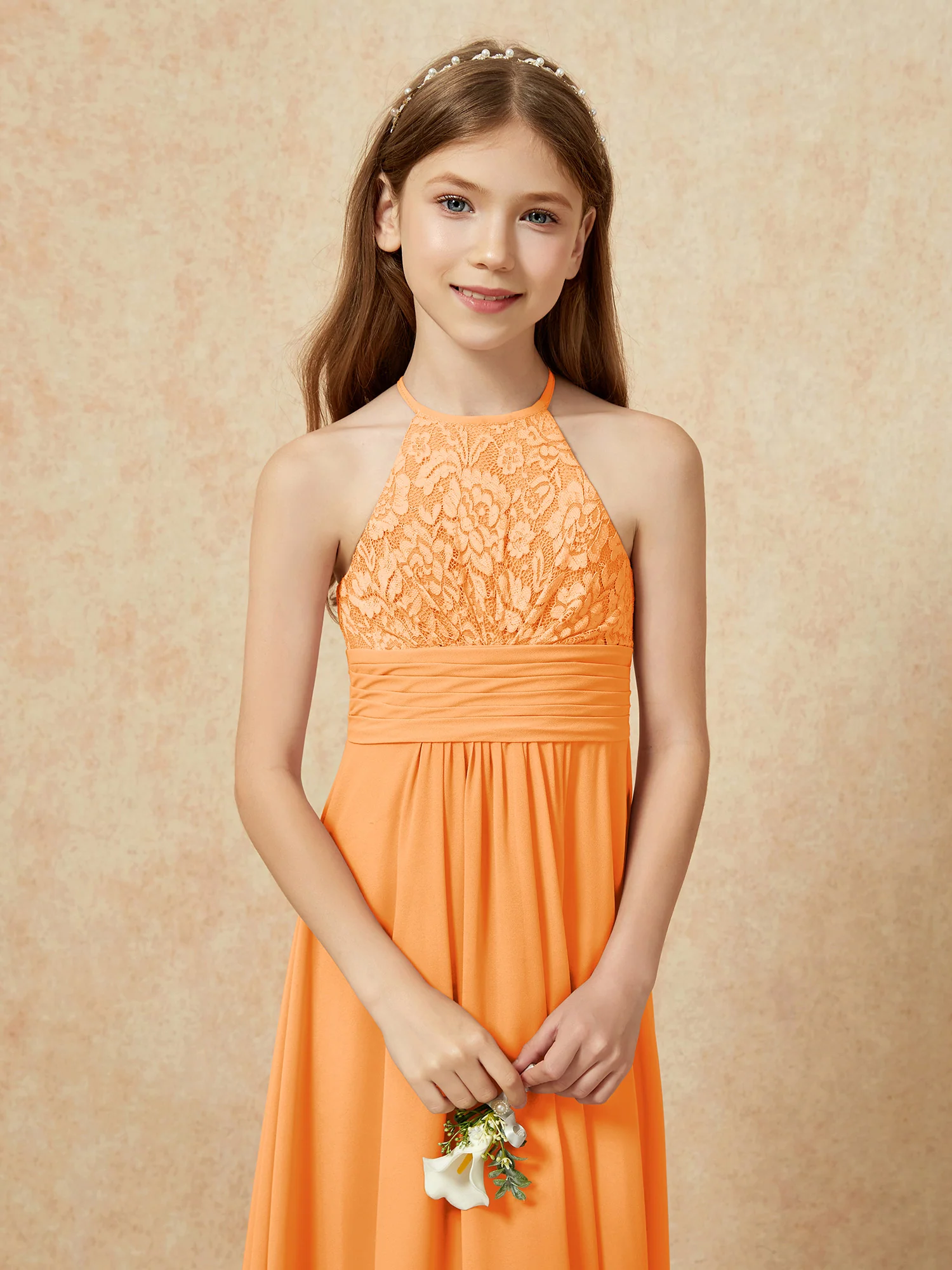 Halter Neck Lace Top Chiffon Junior Bridesmaid Dress Orange - Image 8