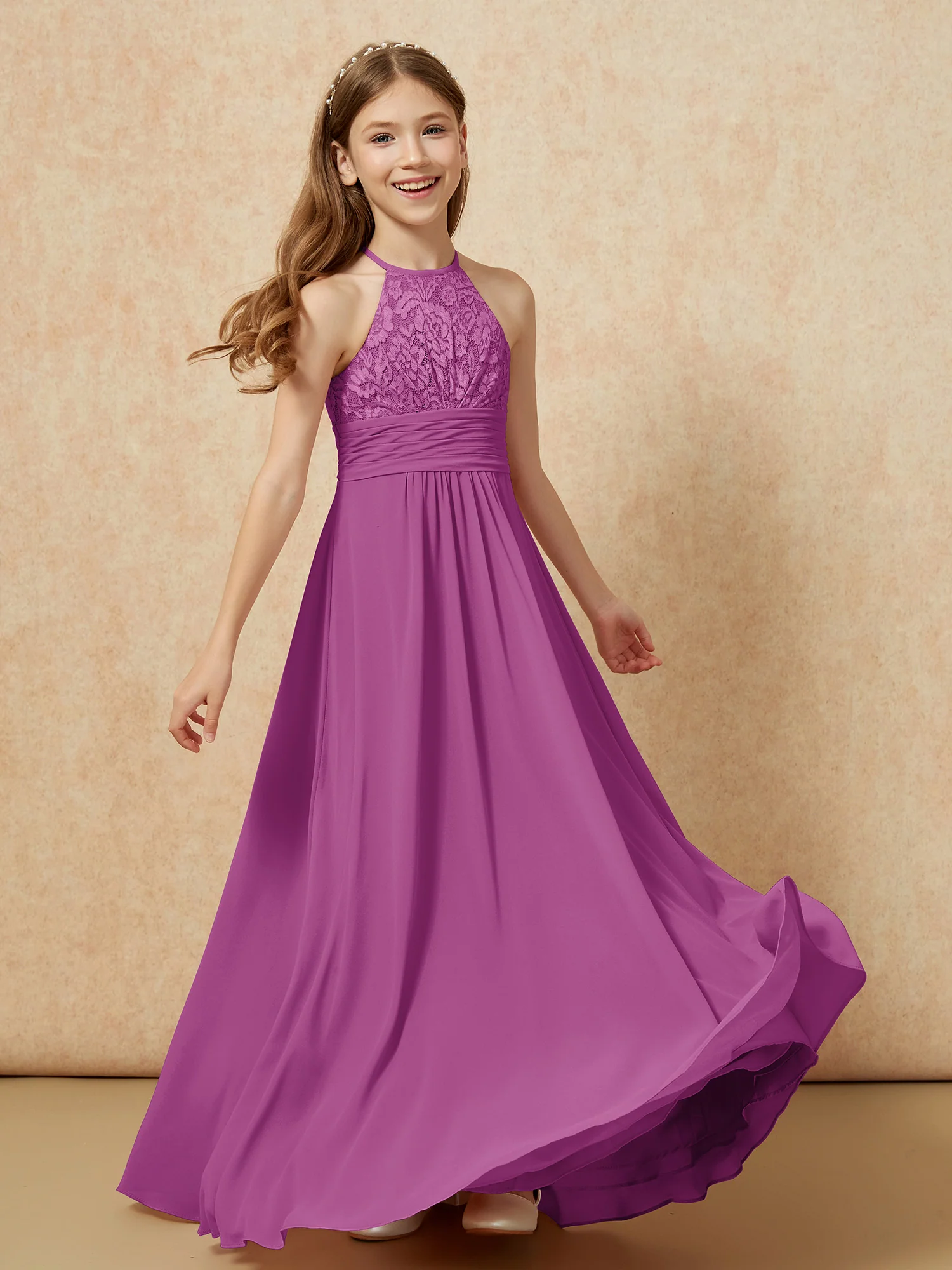 Halter Neck Lace Top Chiffon Junior Bridesmaid Dress Orchid - Image 4