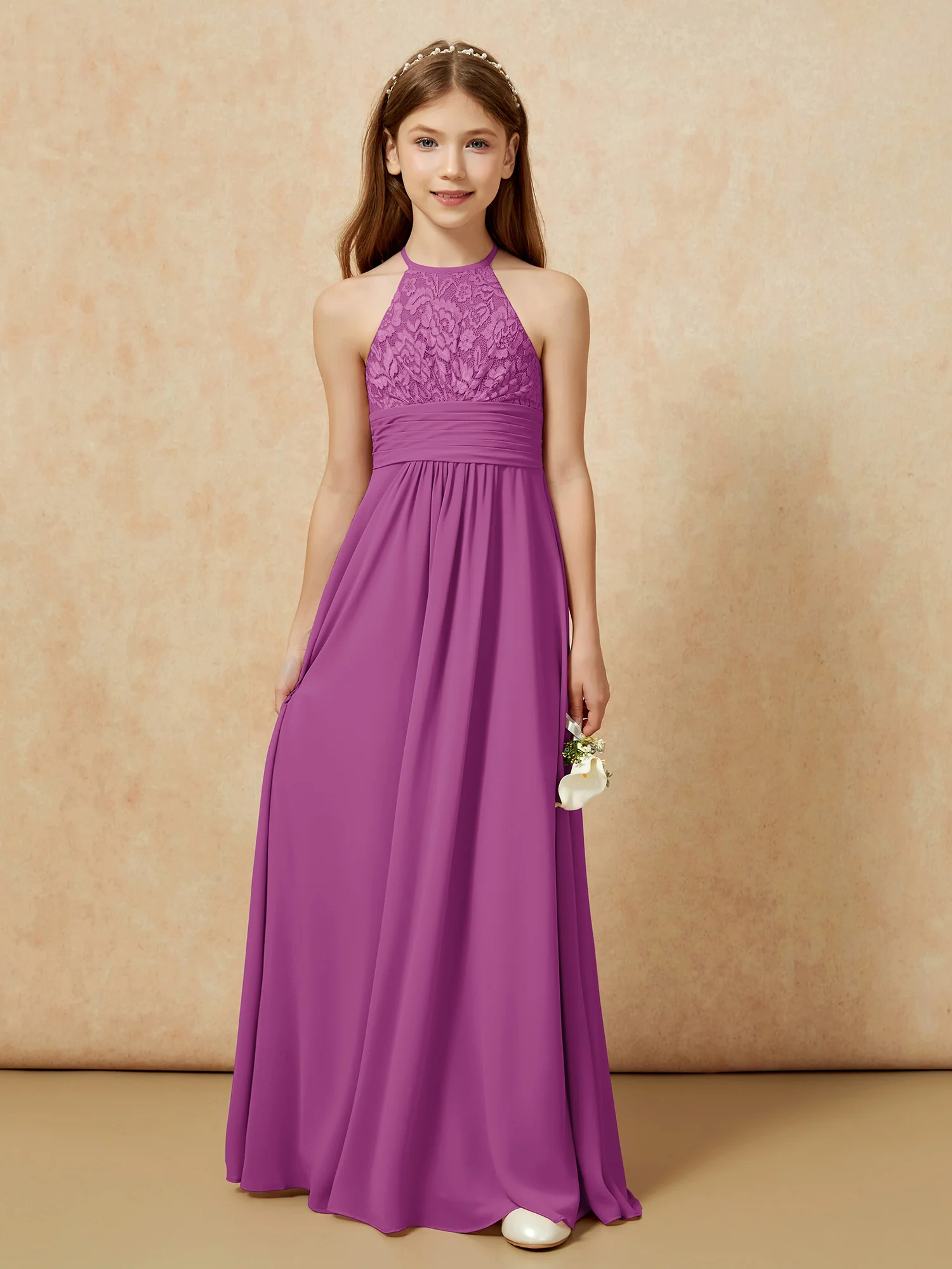 Halter Neck Lace Top Chiffon Junior Bridesmaid Dress Orchid - Image 7