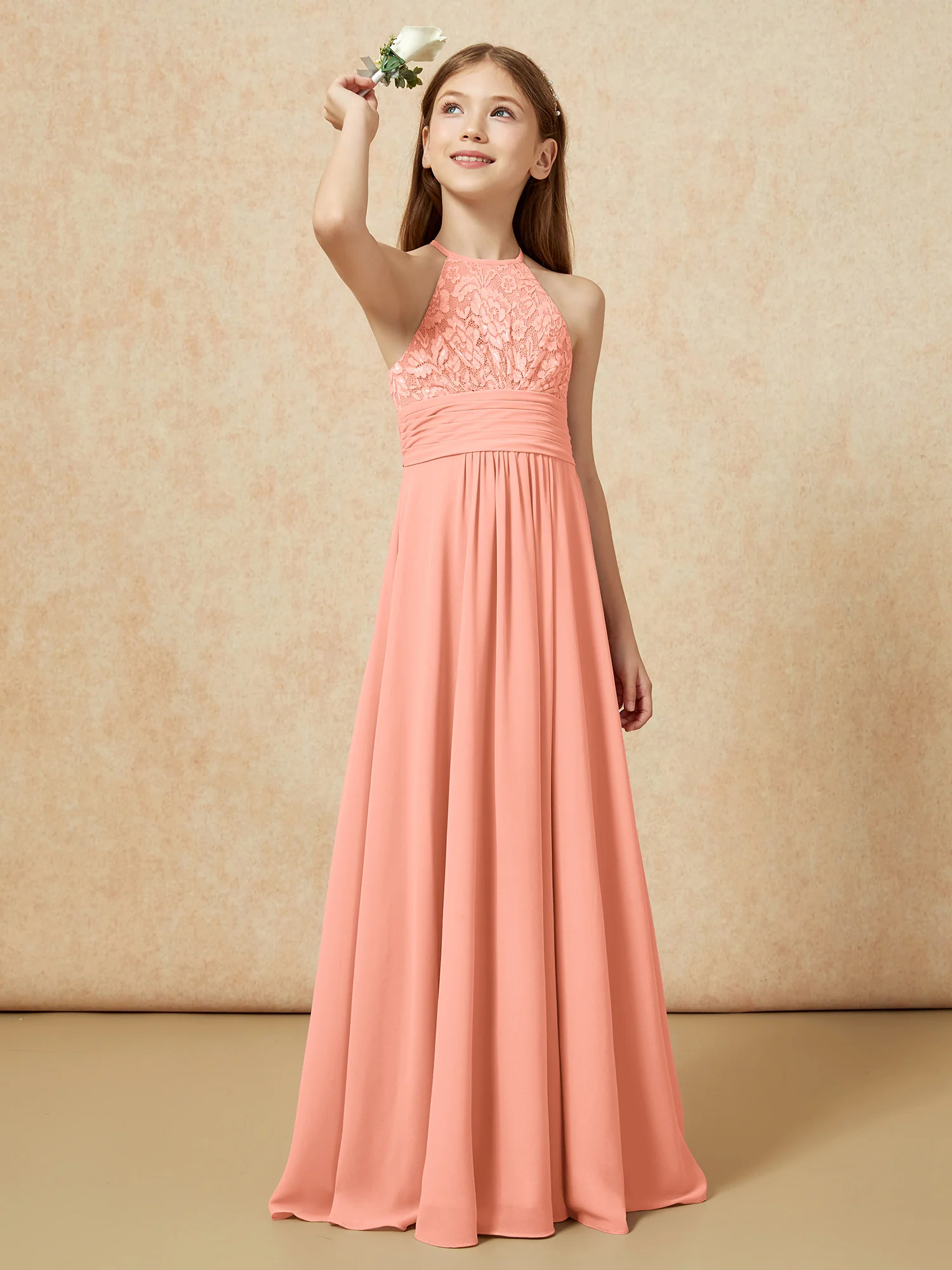 Halter Neck Lace Top Chiffon Junior Bridesmaid Dress Papaya