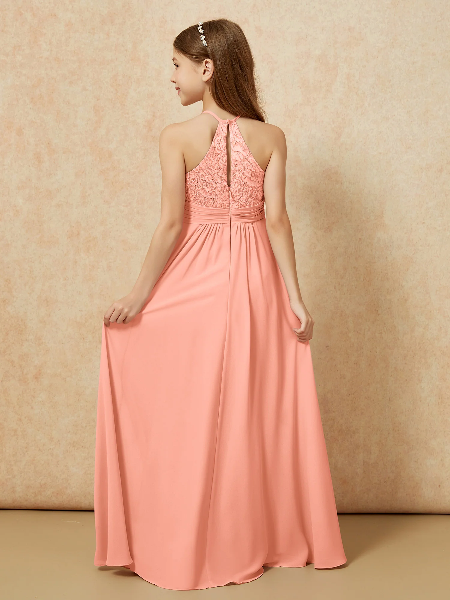 Halter Neck Lace Top Chiffon Junior Bridesmaid Dress Papaya - Image 2