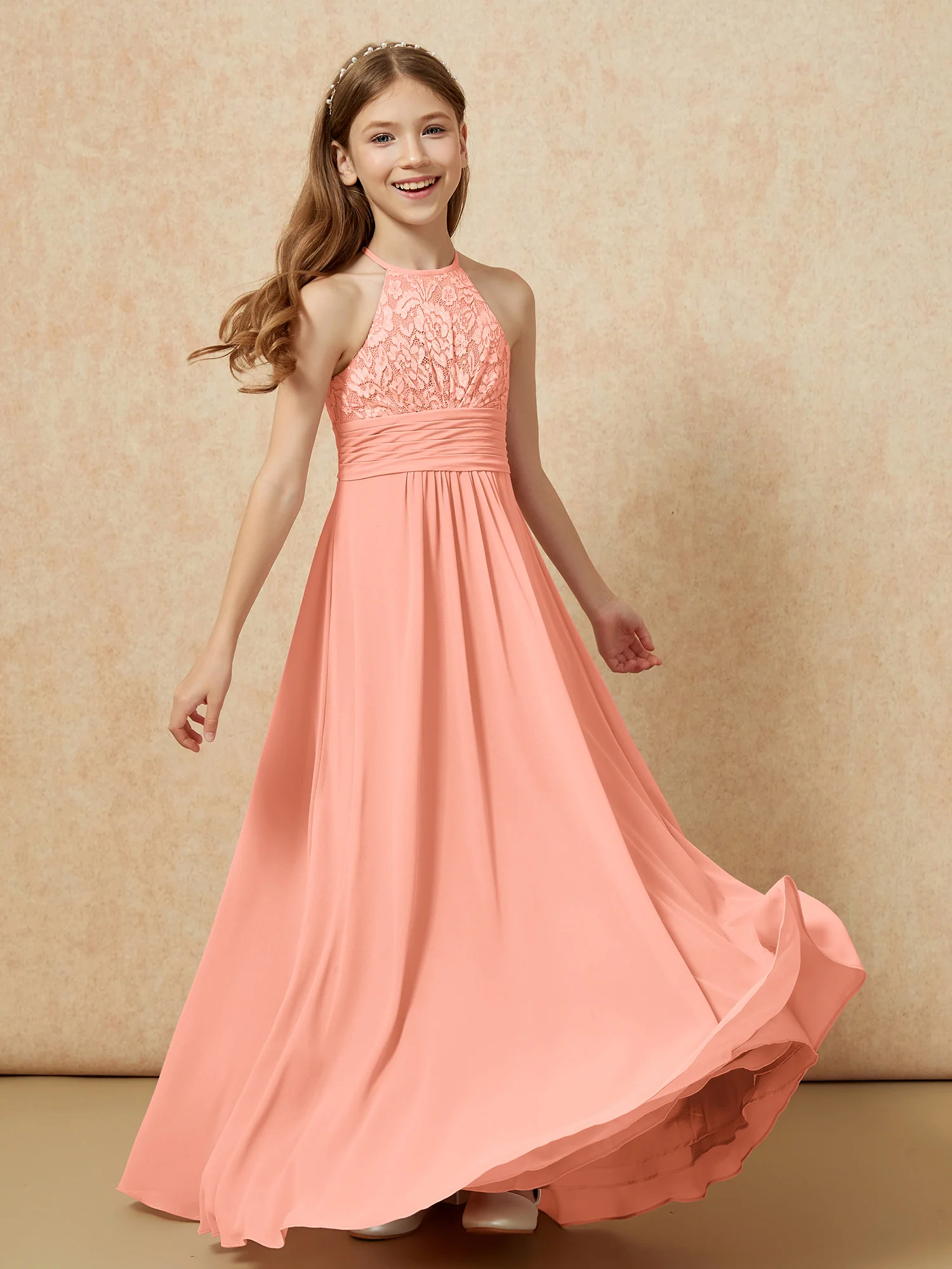 Halter Neck Lace Top Chiffon Junior Bridesmaid Dress Papaya - Image 4