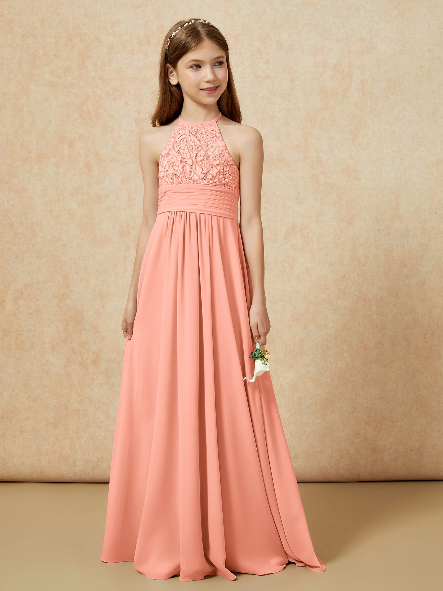 Halter Neck Lace Top Chiffon Junior Bridesmaid Dress Papaya - Image 5
