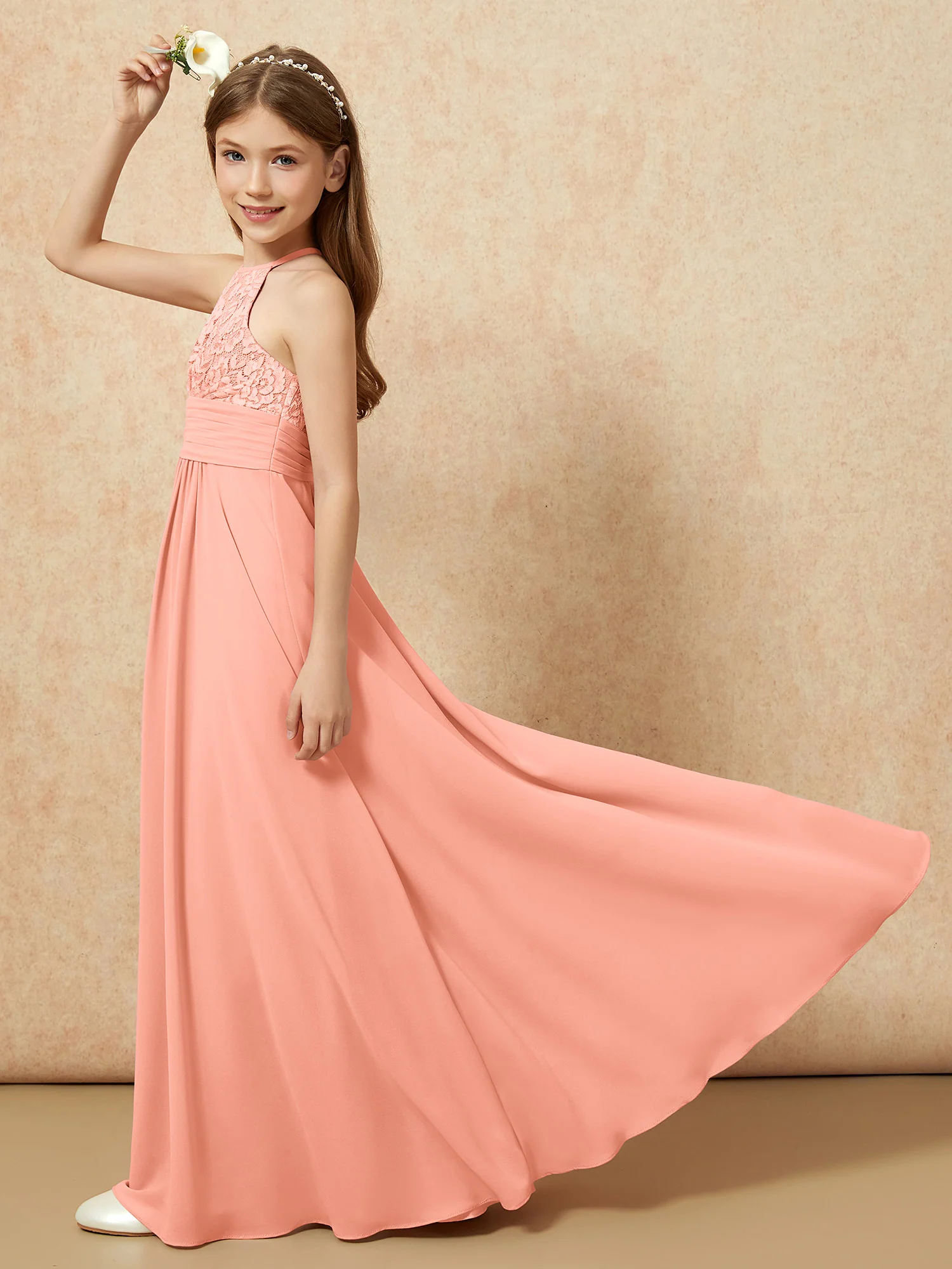 Halter Neck Lace Top Chiffon Junior Bridesmaid Dress Papaya - Image 6