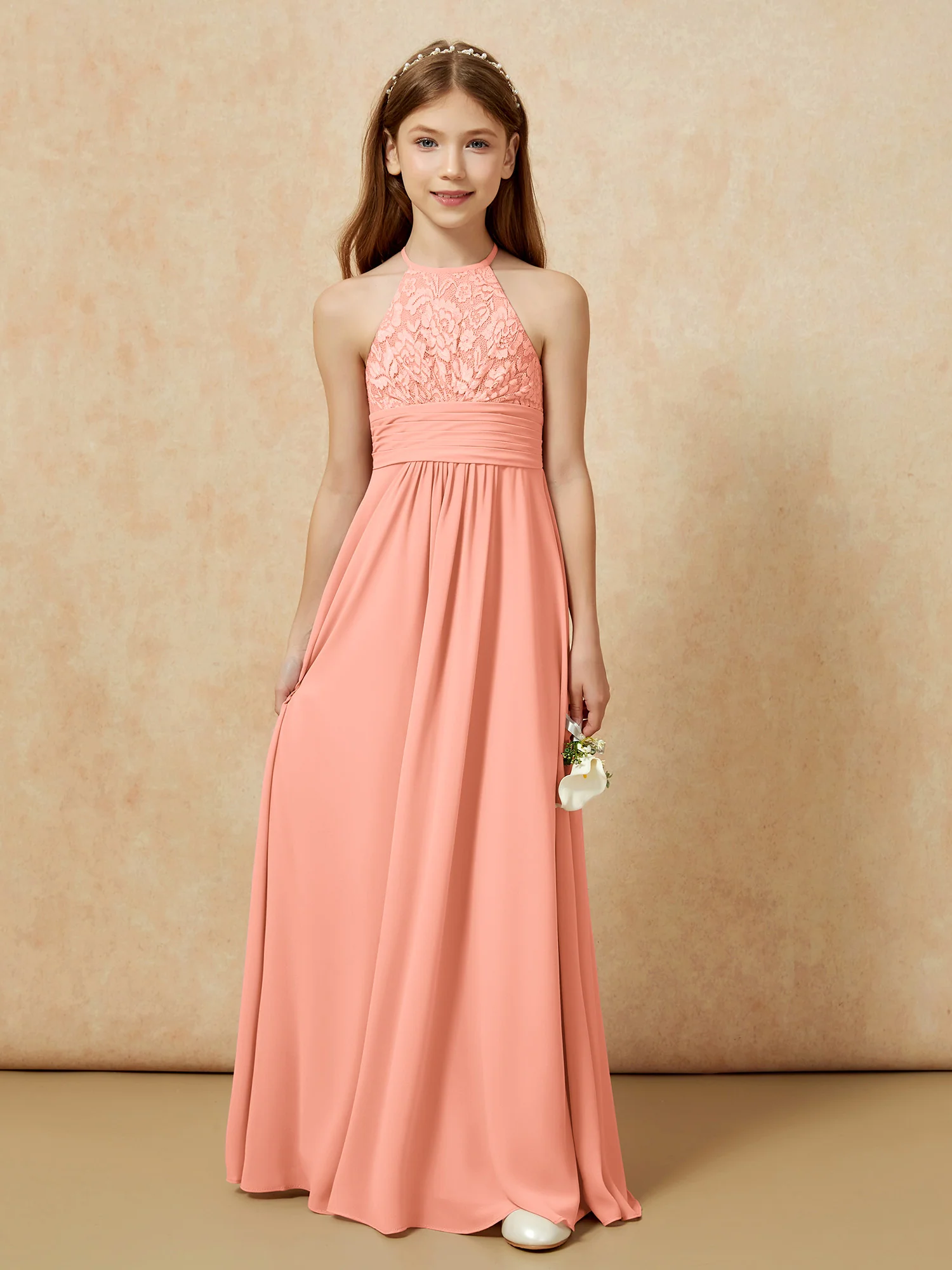 Halter Neck Lace Top Chiffon Junior Bridesmaid Dress Papaya - Image 7