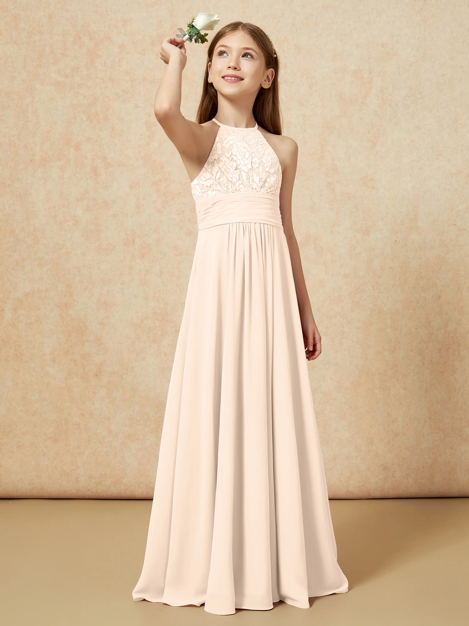 Halter Neck Lace Top Chiffon Junior Bridesmaid Dress Peach