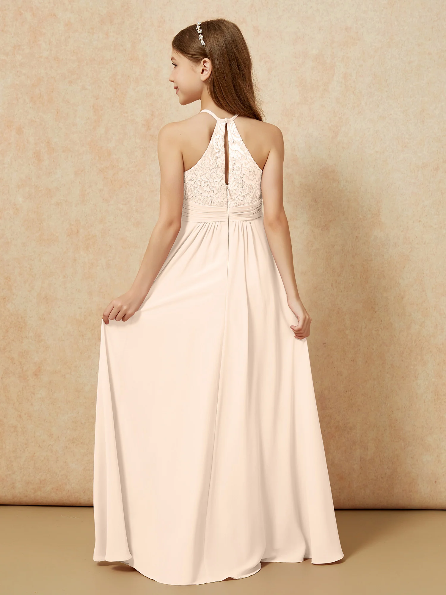 Halter Neck Lace Top Chiffon Junior Bridesmaid Dress Peach - Image 2