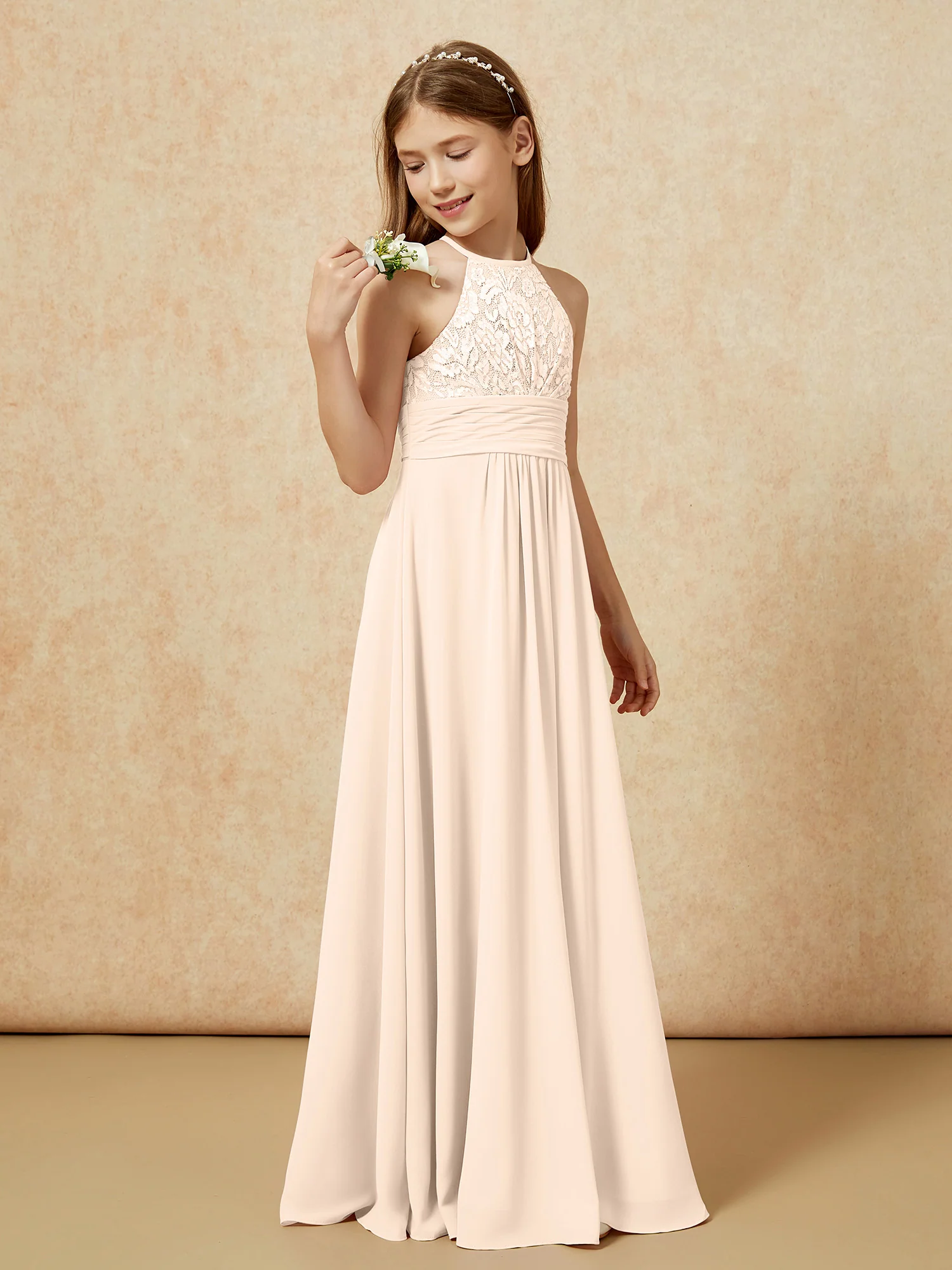 Halter Neck Lace Top Chiffon Junior Bridesmaid Dress Peach - Image 3