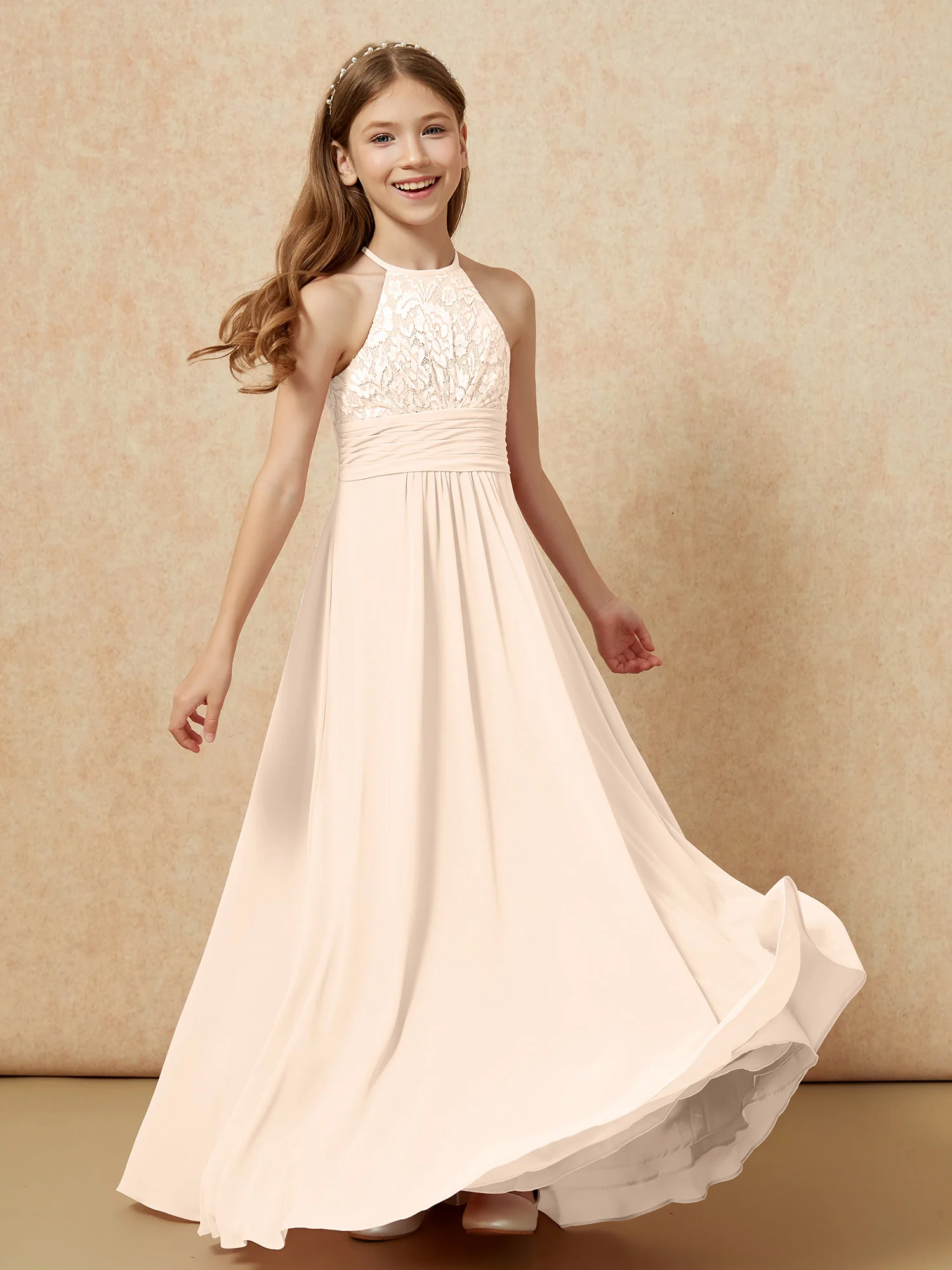 Halter Neck Lace Top Chiffon Junior Bridesmaid Dress Peach - Image 4