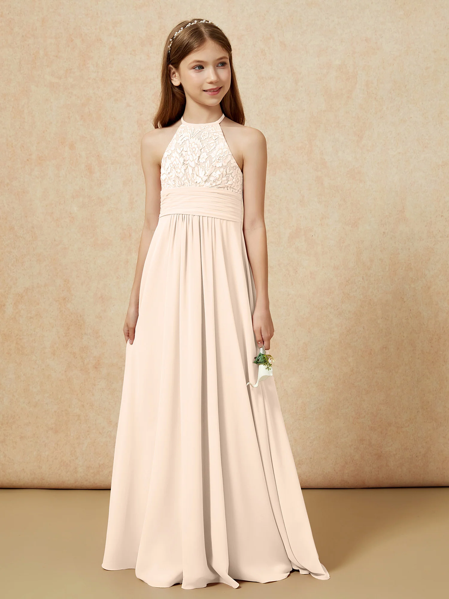 Halter Neck Lace Top Chiffon Junior Bridesmaid Dress Peach - Image 5