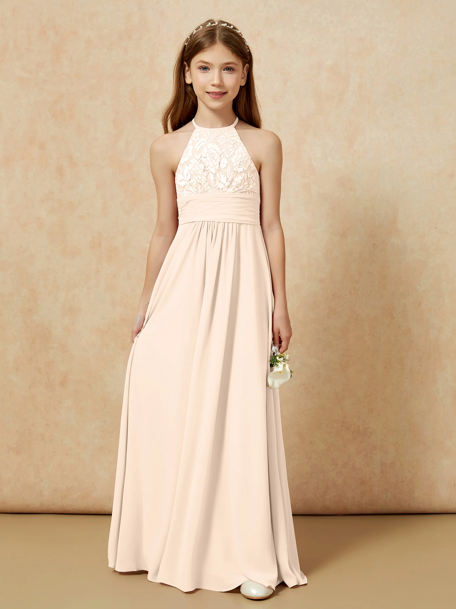 Halter Neck Lace Top Chiffon Junior Bridesmaid Dress Peach - Image 7