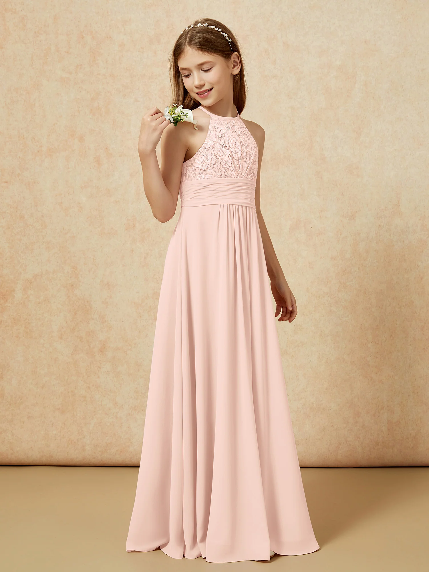 Halter Neck Lace Top Chiffon Junior Bridesmaid Dress Pearl Pink - Image 3