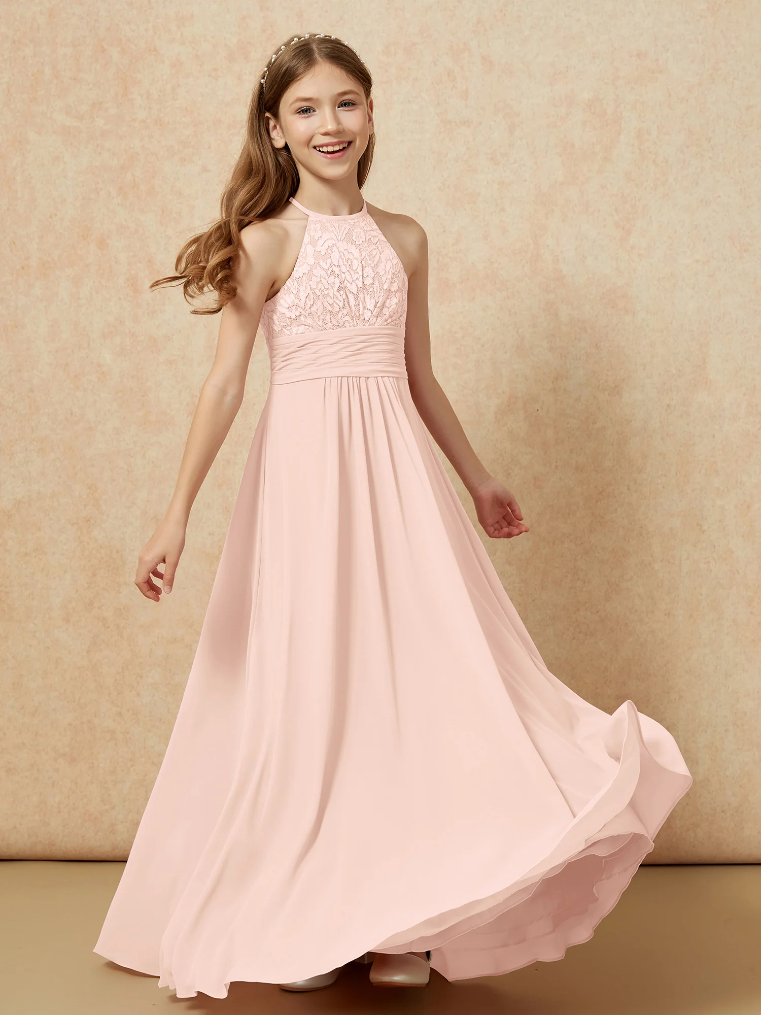 Halter Neck Lace Top Chiffon Junior Bridesmaid Dress Pearl Pink - Image 4