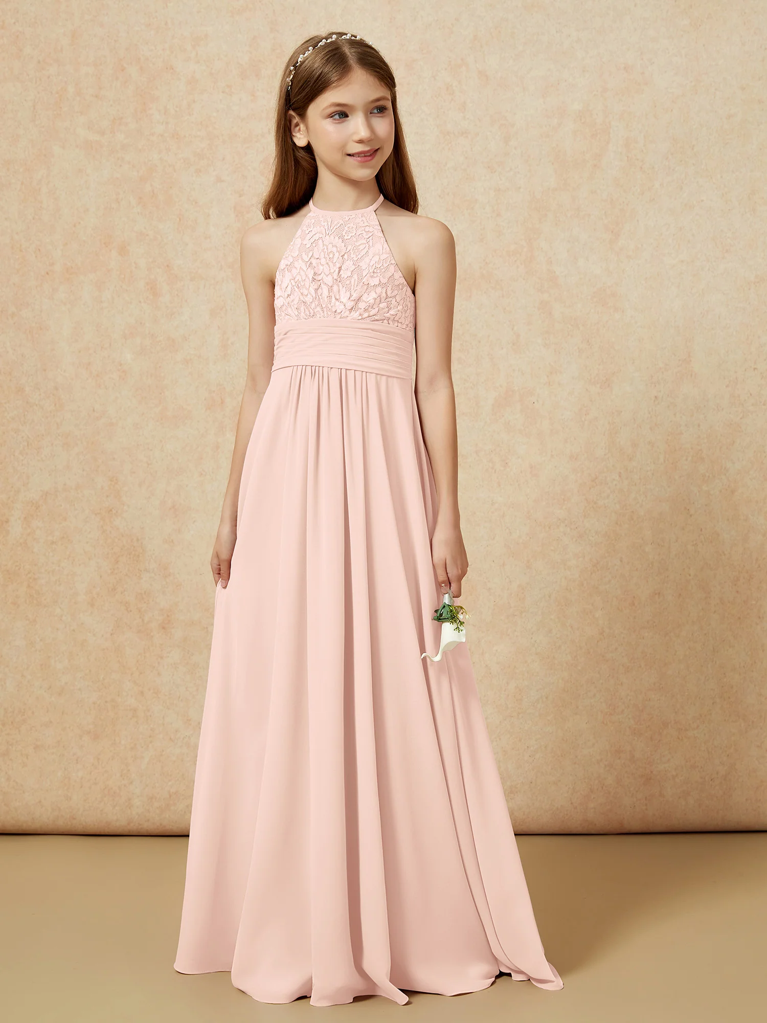 Halter Neck Lace Top Chiffon Junior Bridesmaid Dress Pearl Pink - Image 5