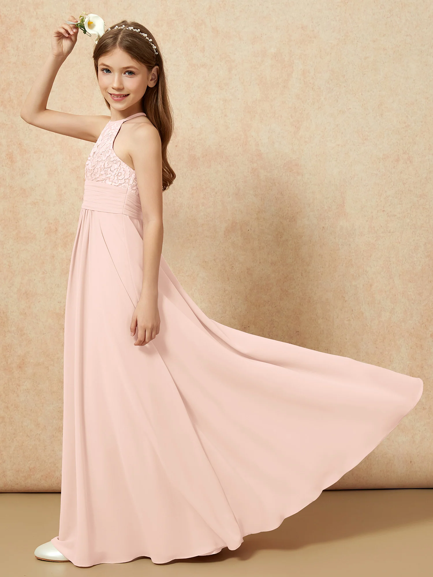 Halter Neck Lace Top Chiffon Junior Bridesmaid Dress Pearl Pink - Image 6