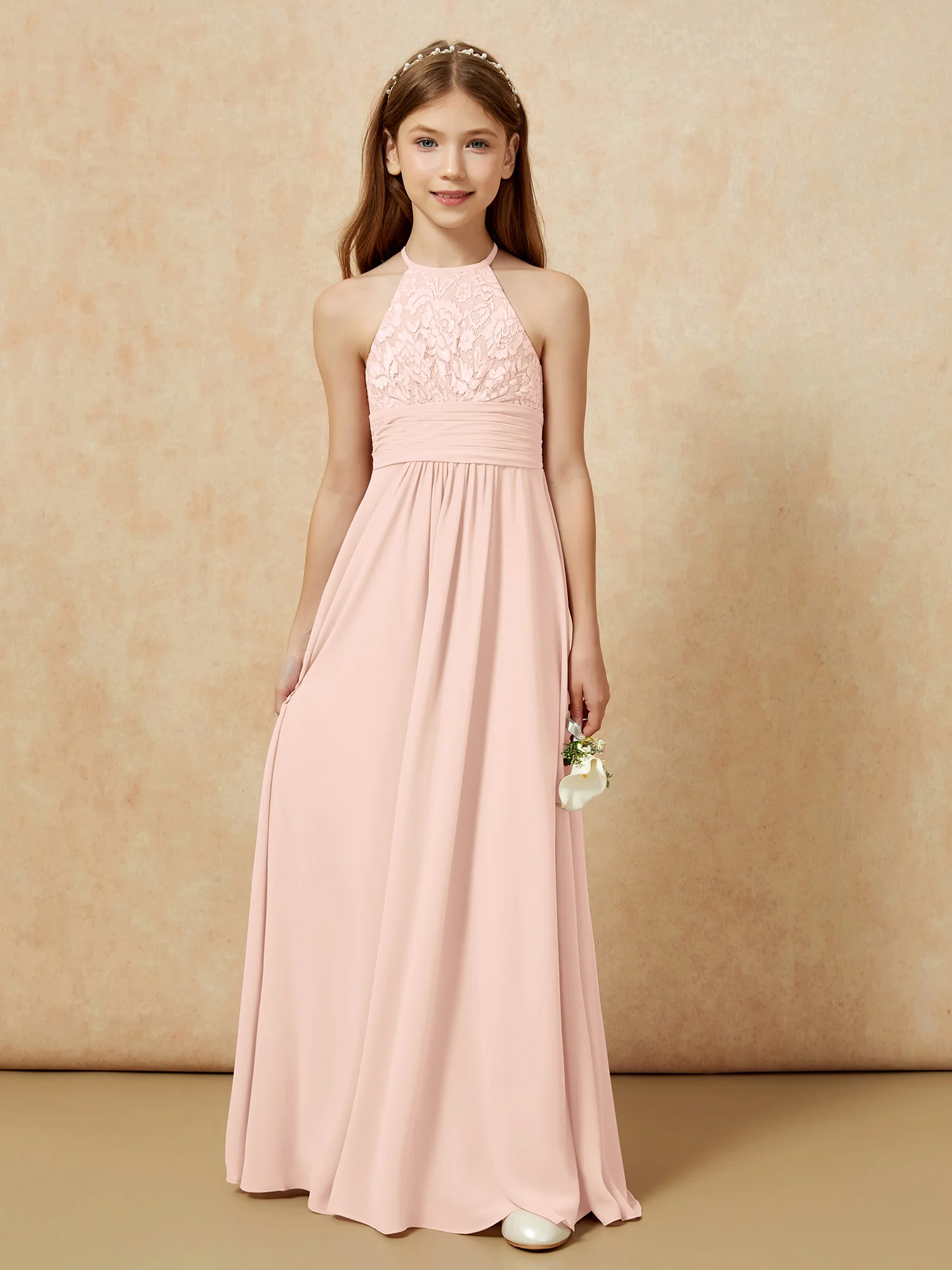 Halter Neck Lace Top Chiffon Junior Bridesmaid Dress Pearl Pink - Image 7