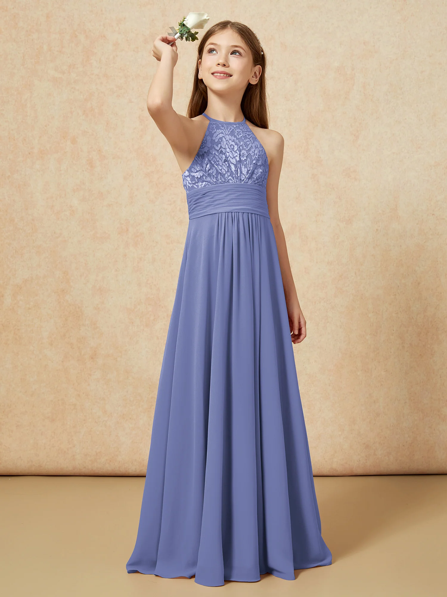 Halter Neck Lace Top Chiffon Junior Bridesmaid Dress Periwinkle