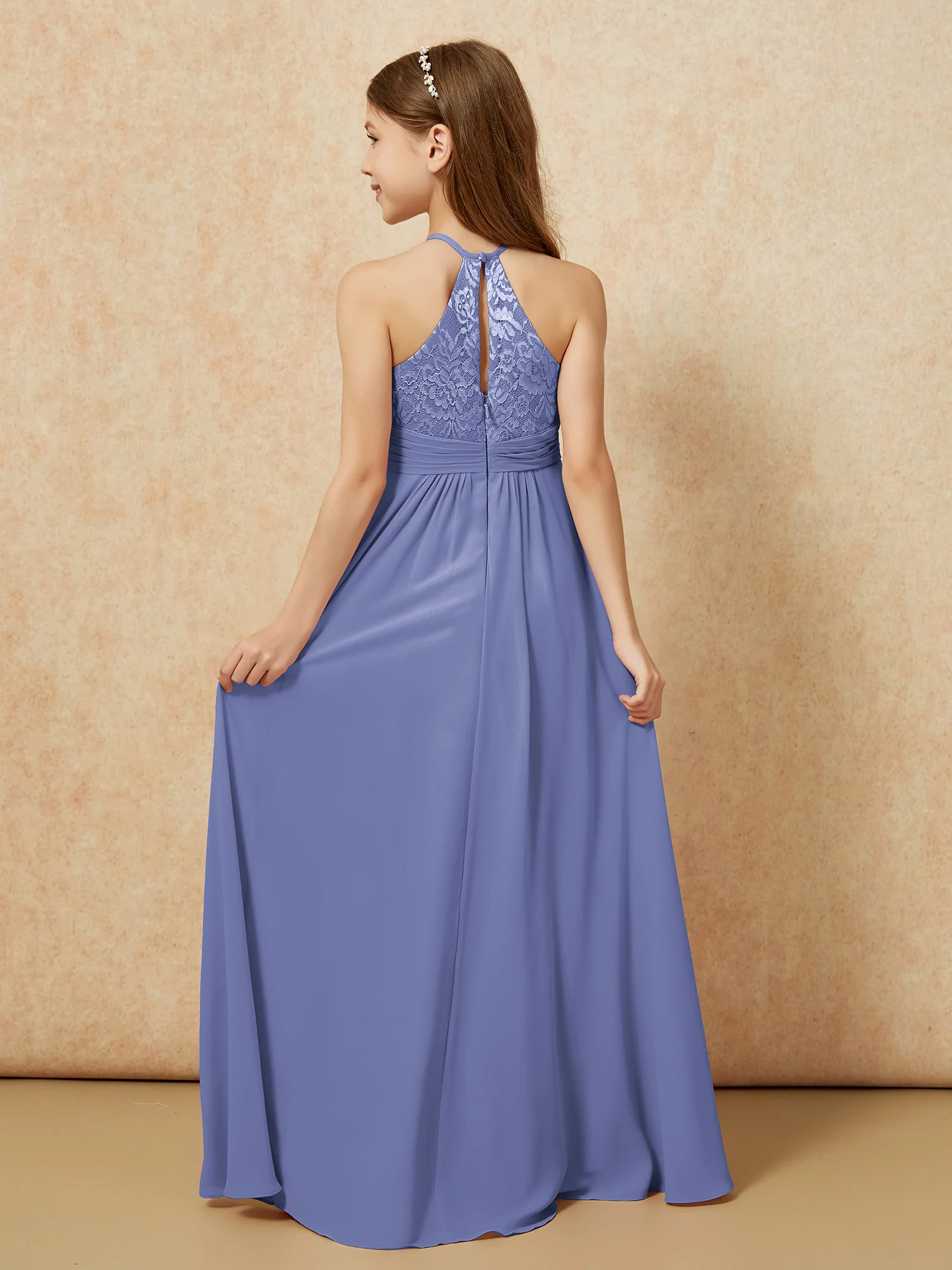 Halter Neck Lace Top Chiffon Junior Bridesmaid Dress Periwinkle - Image 2