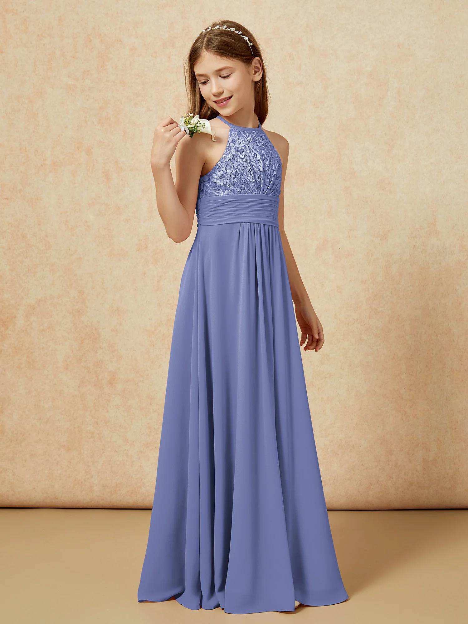 Halter Neck Lace Top Chiffon Junior Bridesmaid Dress Periwinkle - Image 3