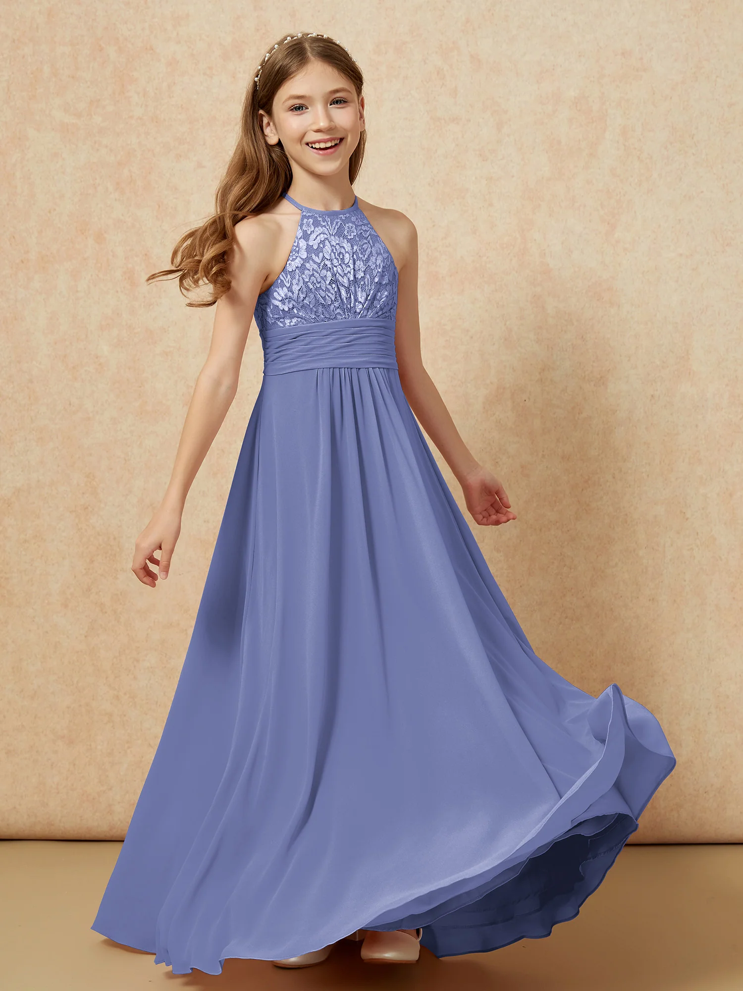 Halter Neck Lace Top Chiffon Junior Bridesmaid Dress Periwinkle - Image 4
