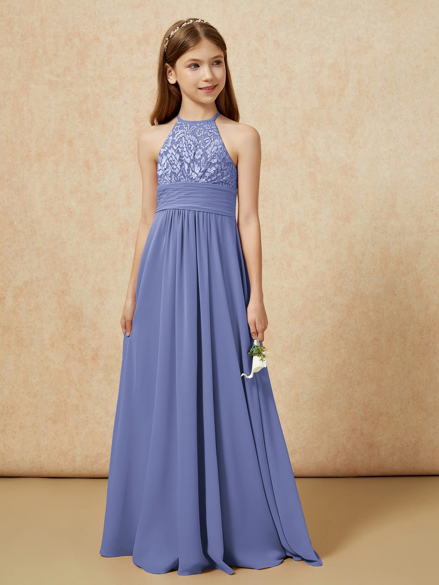 Halter Neck Lace Top Chiffon Junior Bridesmaid Dress Periwinkle - Image 5