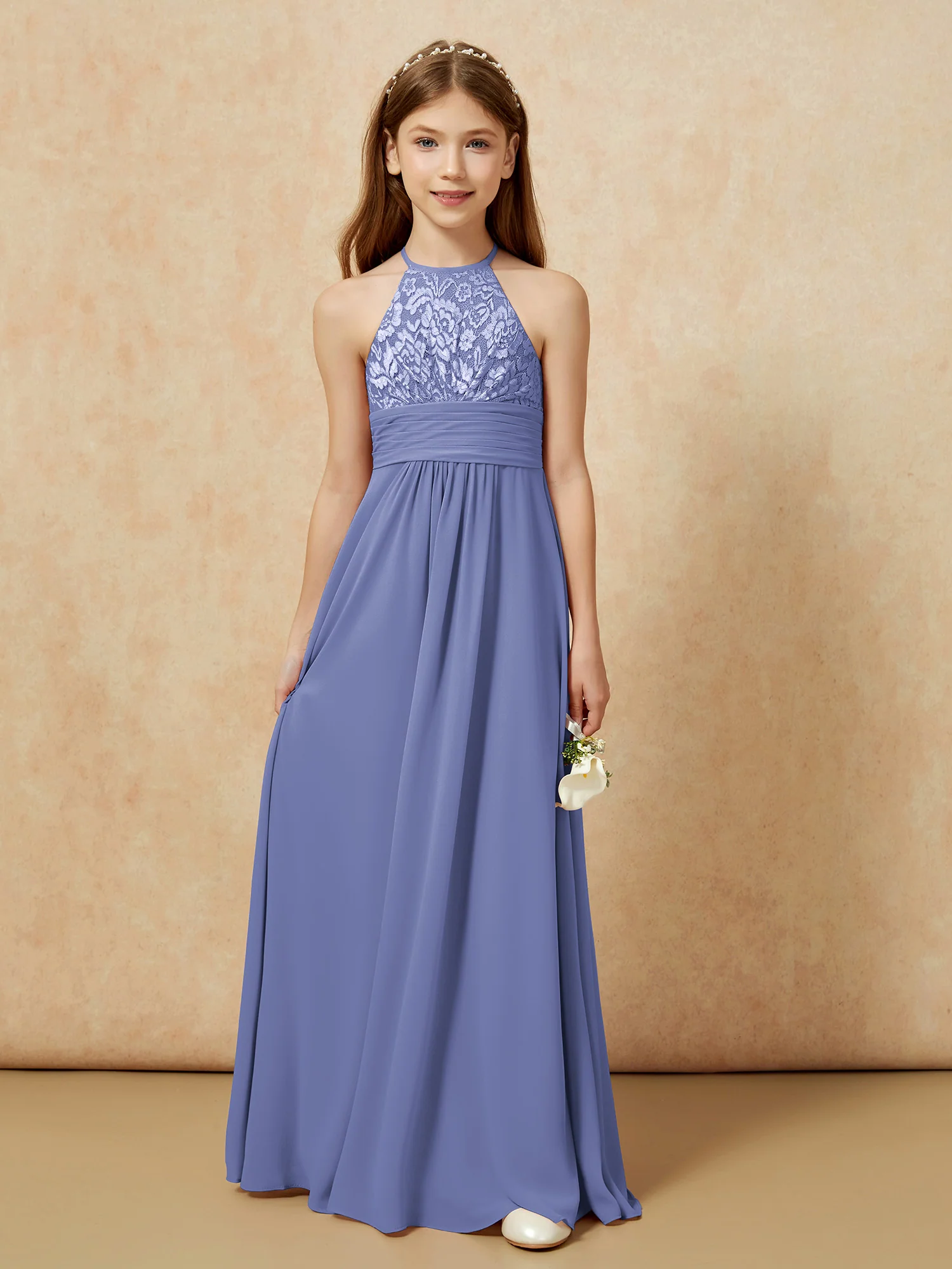 Halter Neck Lace Top Chiffon Junior Bridesmaid Dress Periwinkle - Image 7