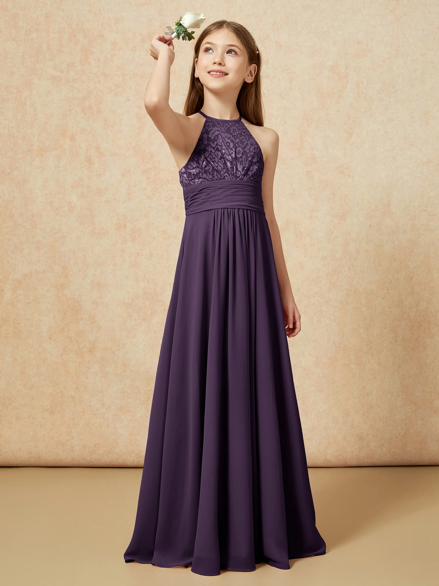 Halter Neck Lace Top Chiffon Junior Bridesmaid Dress Plum