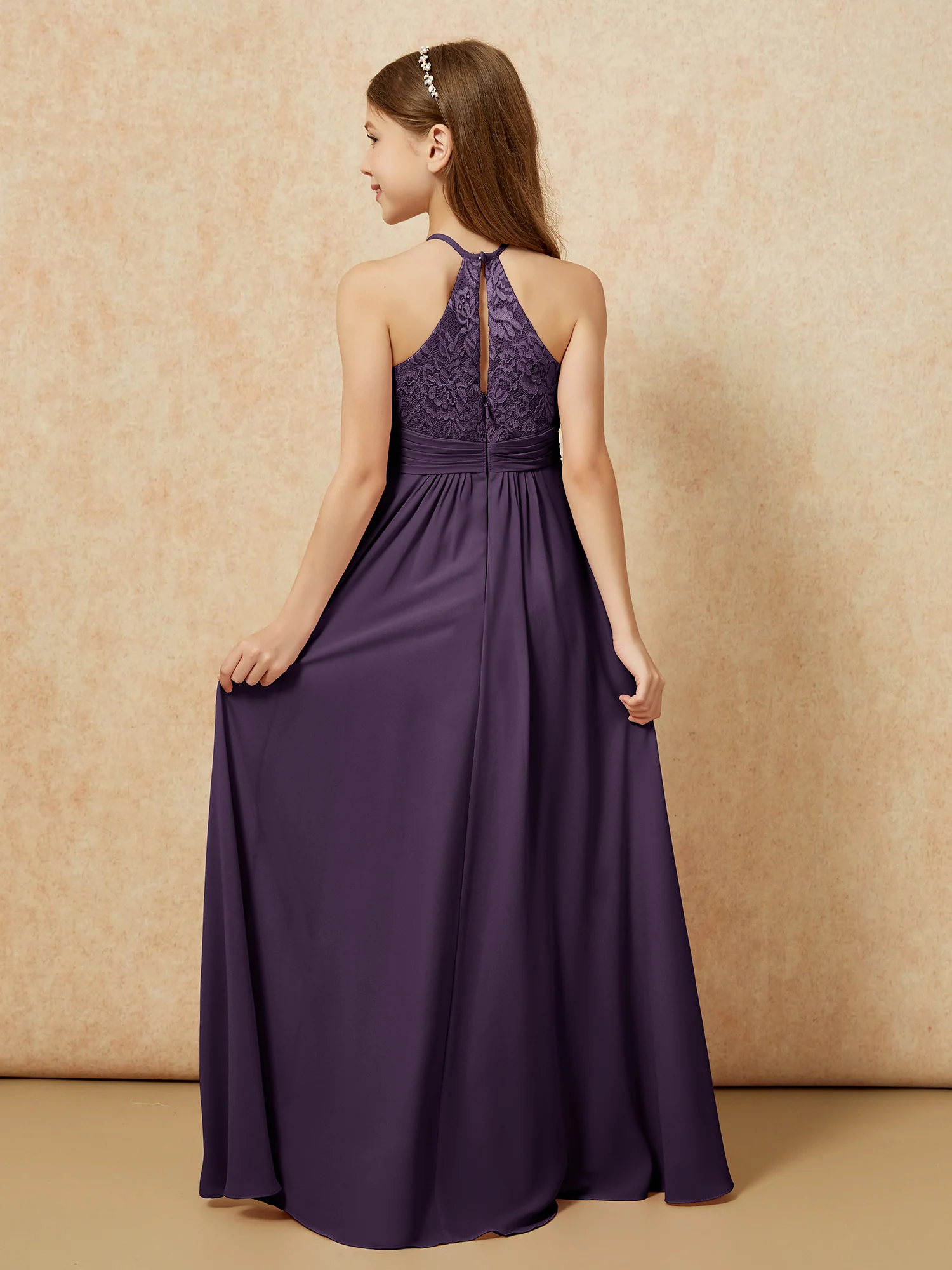 Halter Neck Lace Top Chiffon Junior Bridesmaid Dress Plum - Image 2