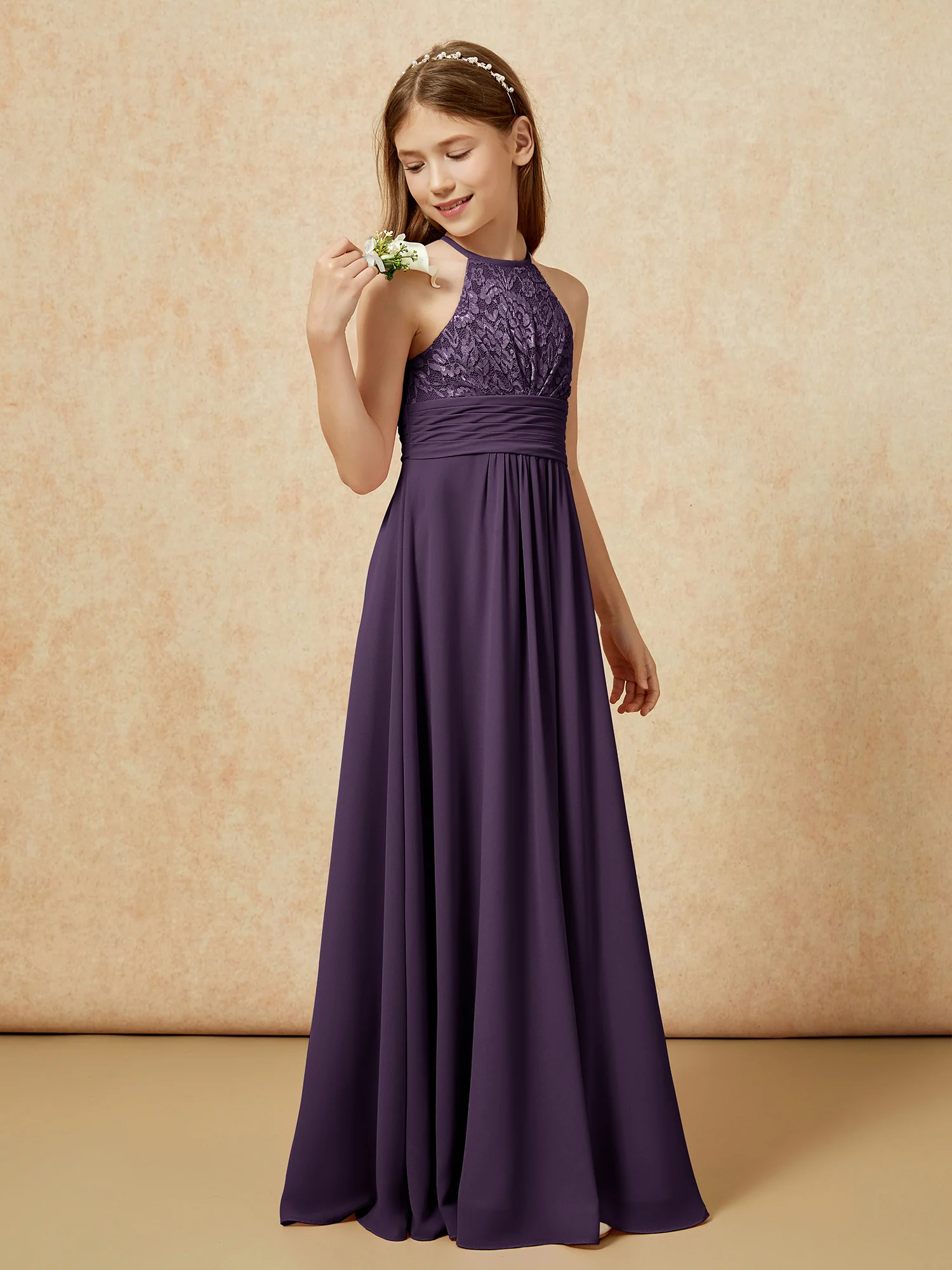 Halter Neck Lace Top Chiffon Junior Bridesmaid Dress Plum - Image 3