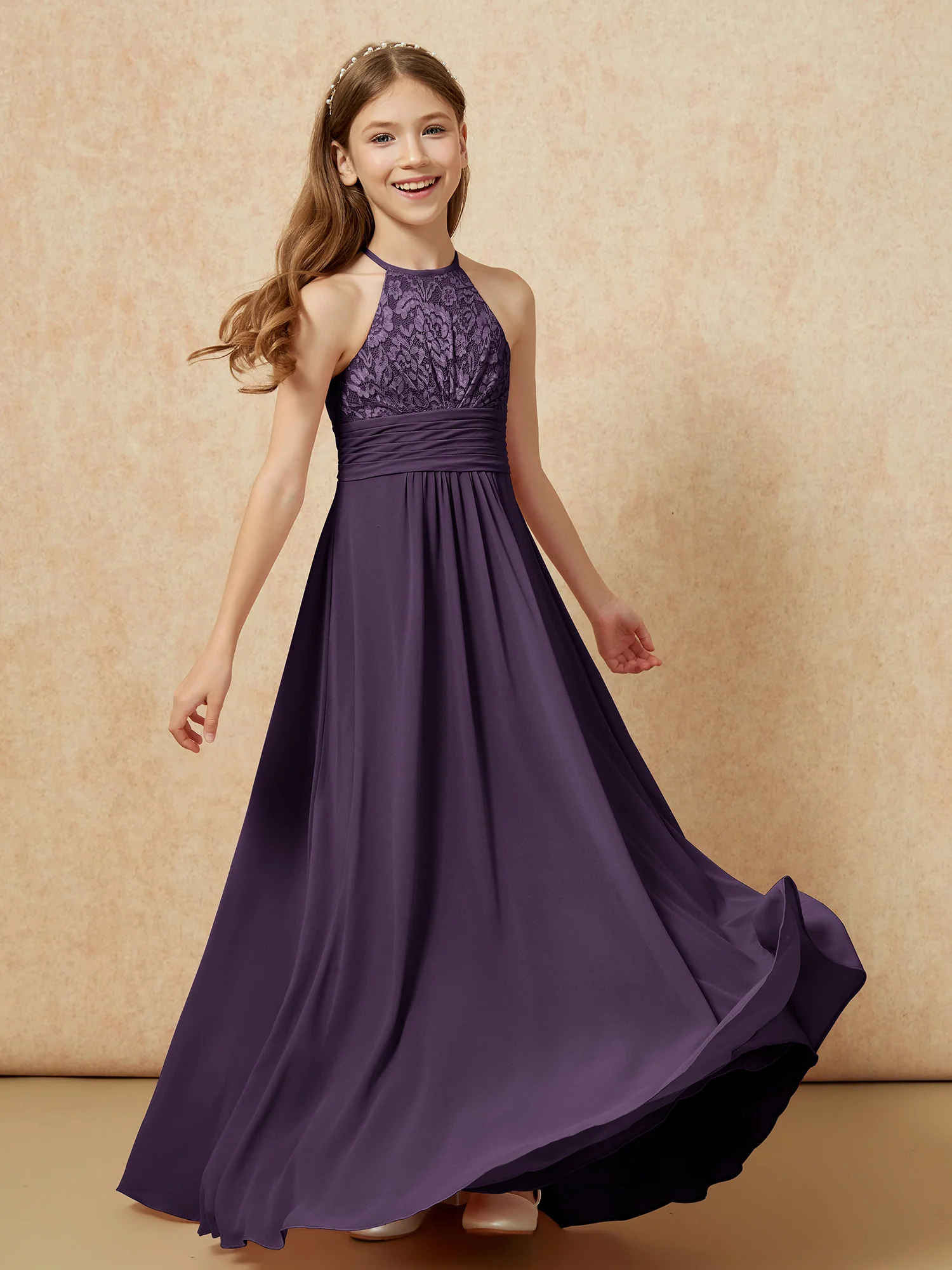 Halter Neck Lace Top Chiffon Junior Bridesmaid Dress Plum - Image 4