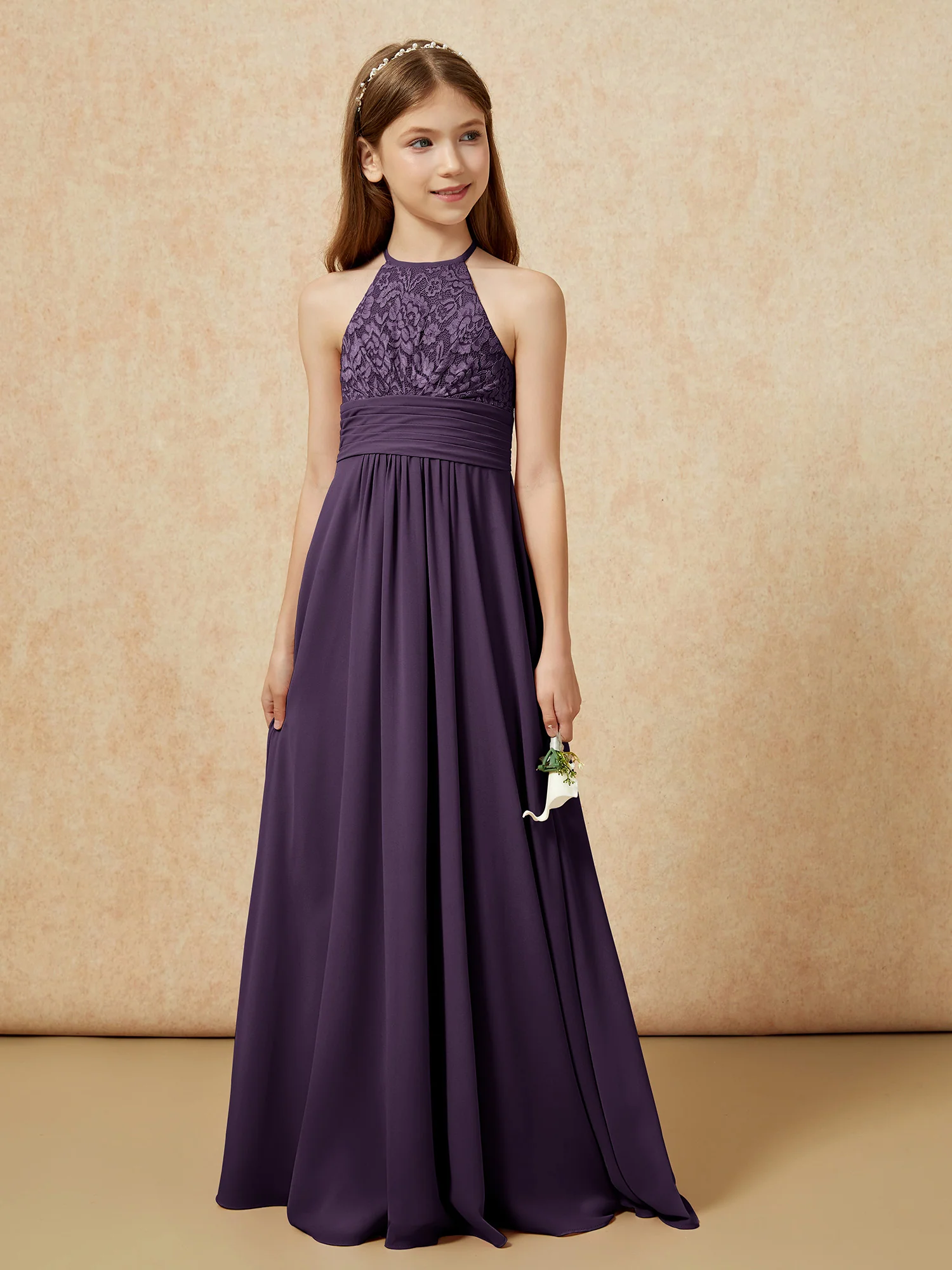 Halter Neck Lace Top Chiffon Junior Bridesmaid Dress Plum - Image 5
