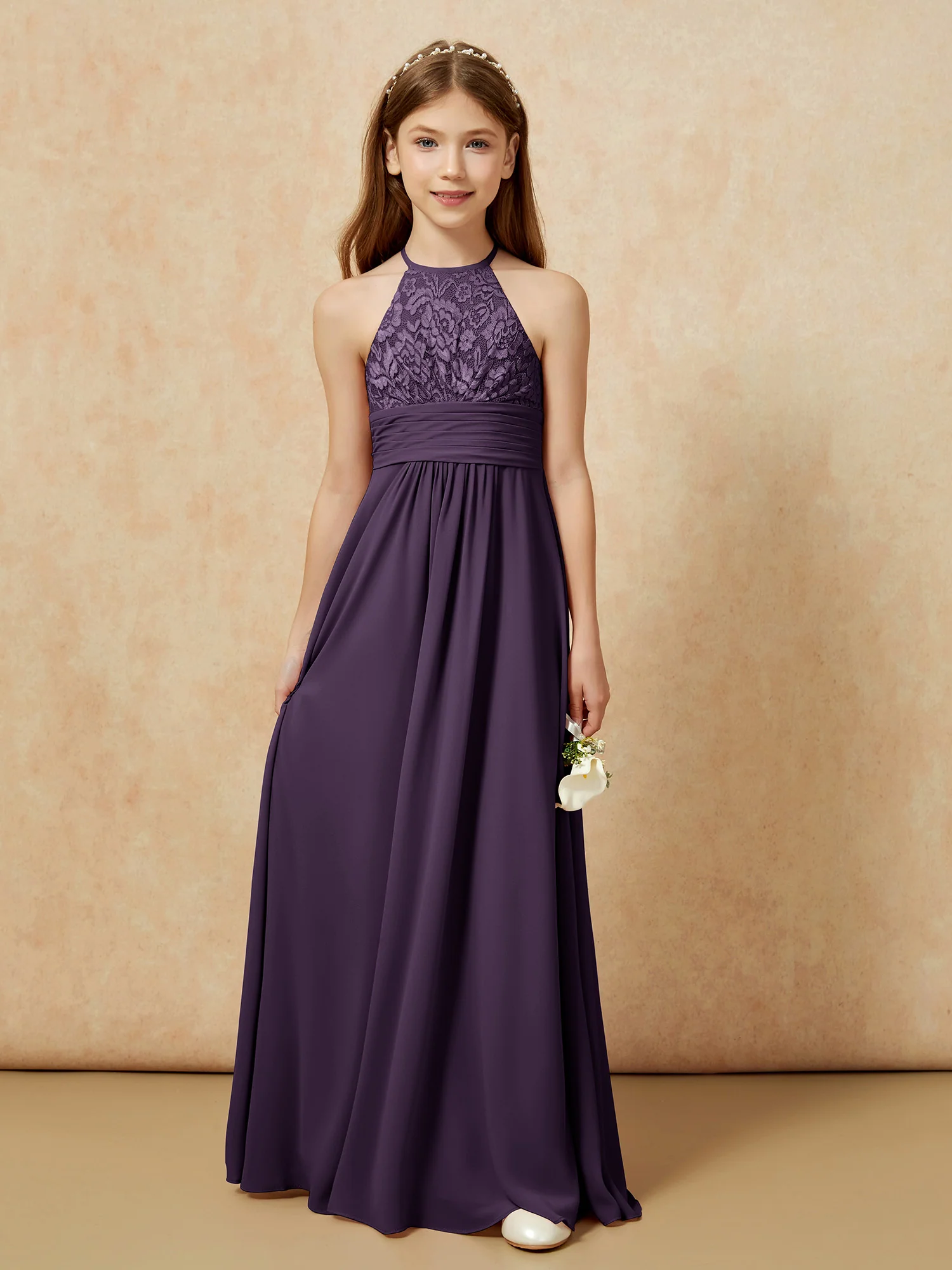 Halter Neck Lace Top Chiffon Junior Bridesmaid Dress Plum - Image 7
