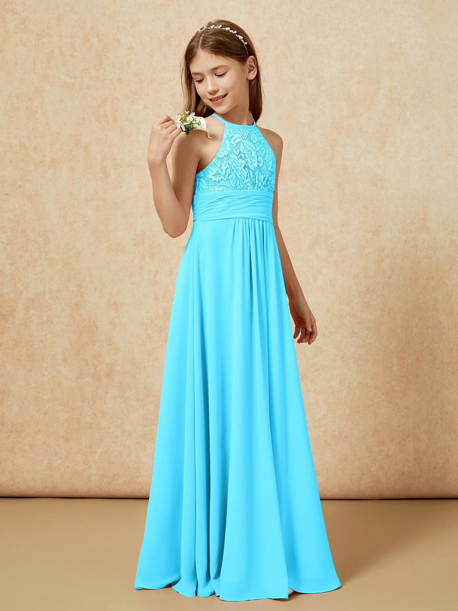 Halter Neck Lace Top Chiffon Junior Bridesmaid Dress Pool - Image 3