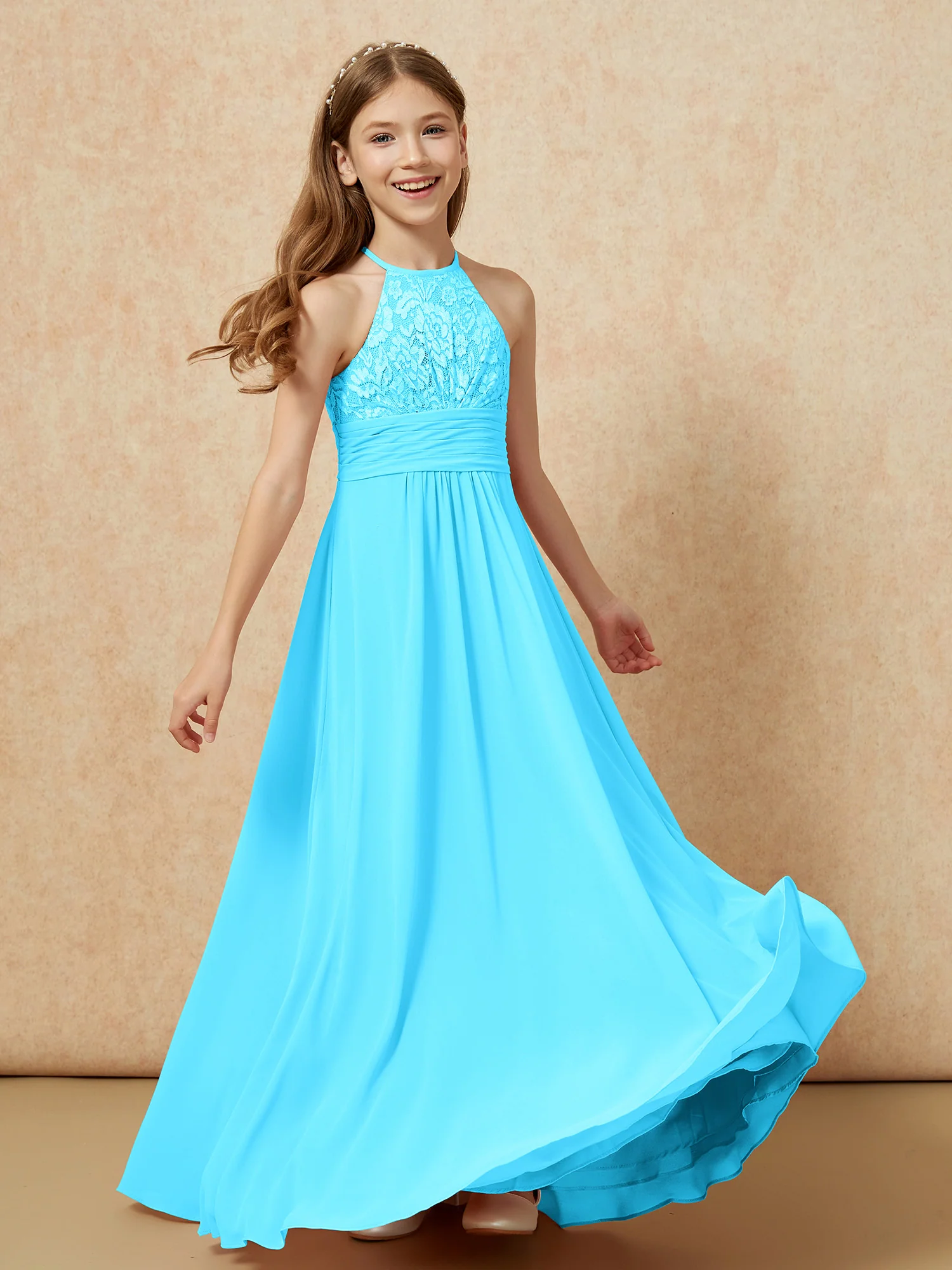 Halter Neck Lace Top Chiffon Junior Bridesmaid Dress Pool - Image 4