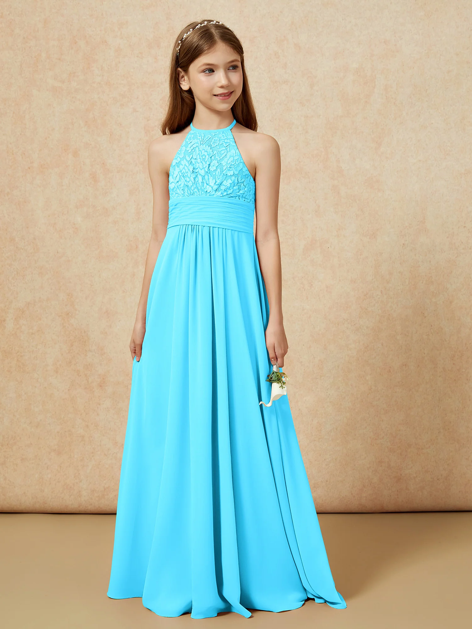 Halter Neck Lace Top Chiffon Junior Bridesmaid Dress Pool - Image 5