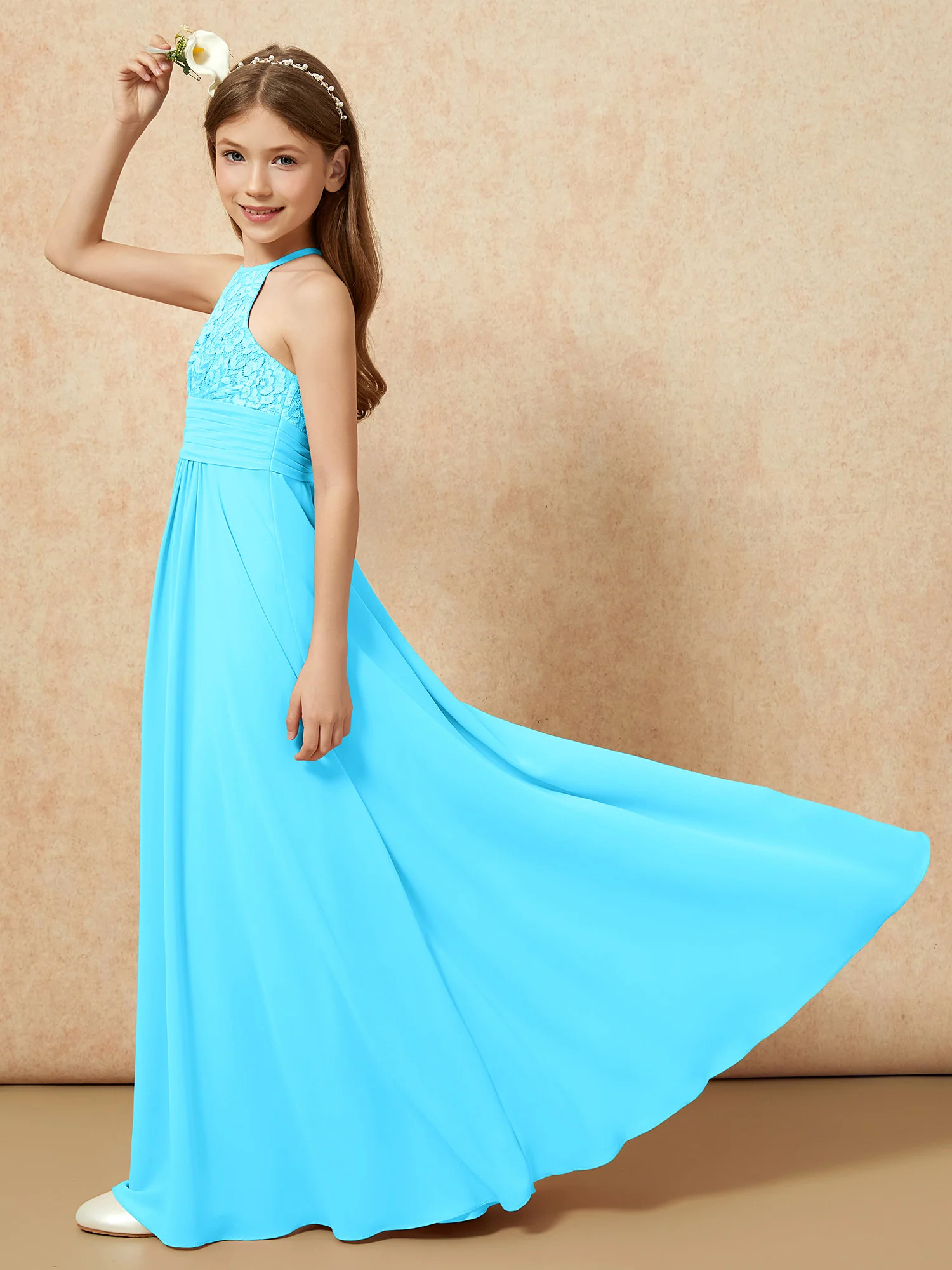 Halter Neck Lace Top Chiffon Junior Bridesmaid Dress Pool - Image 6