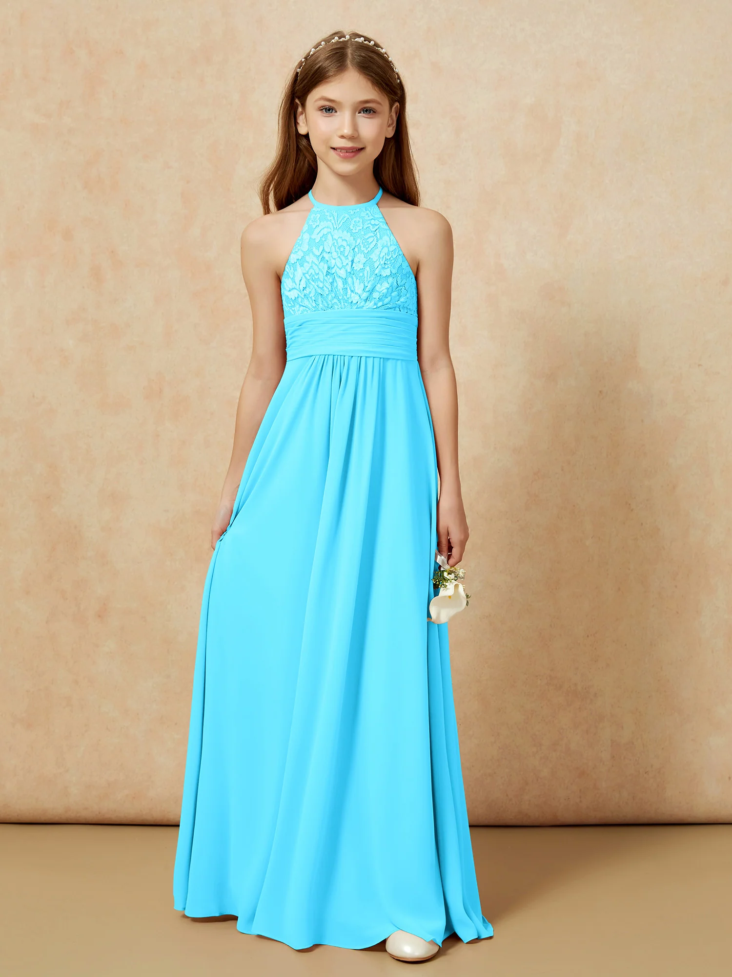 Halter Neck Lace Top Chiffon Junior Bridesmaid Dress Pool - Image 7