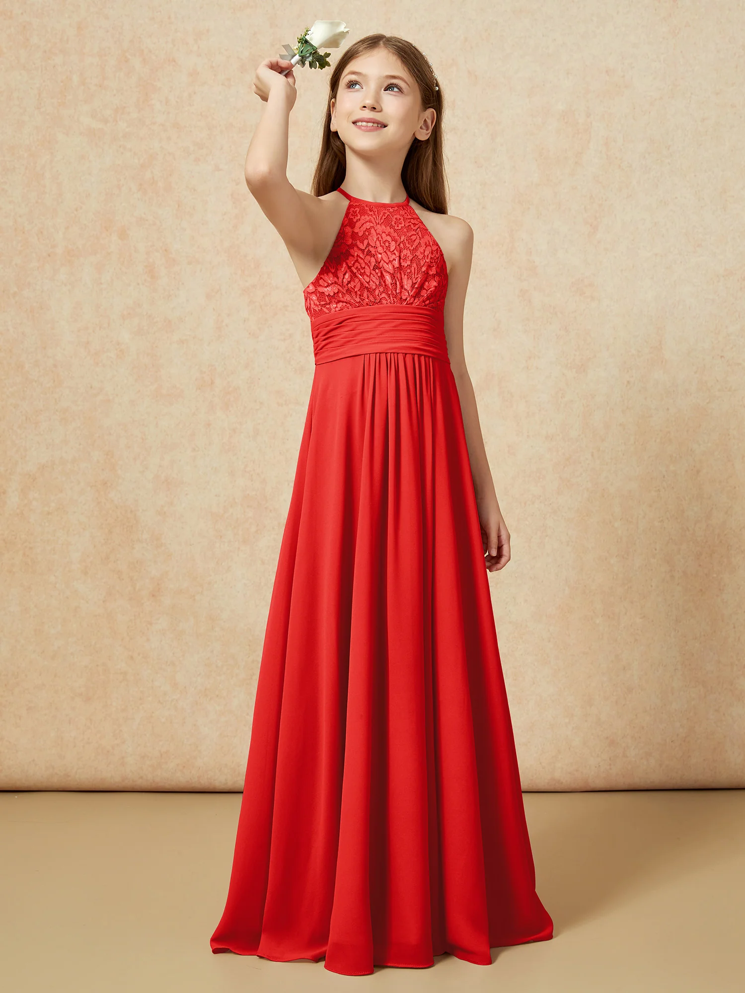 Halter Neck Lace Top Chiffon Junior Bridesmaid Dress Red