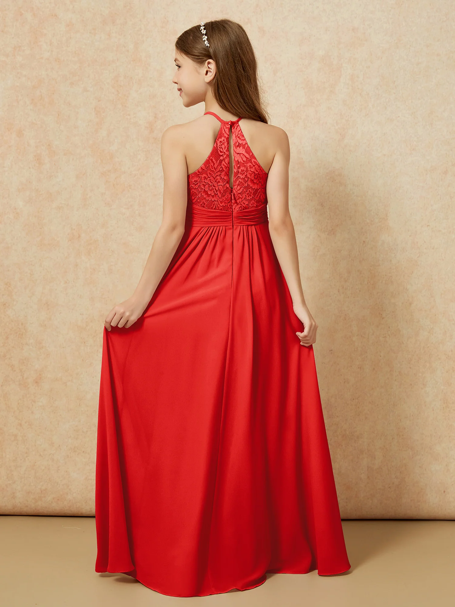 Halter Neck Lace Top Chiffon Junior Bridesmaid Dress Red - Image 2