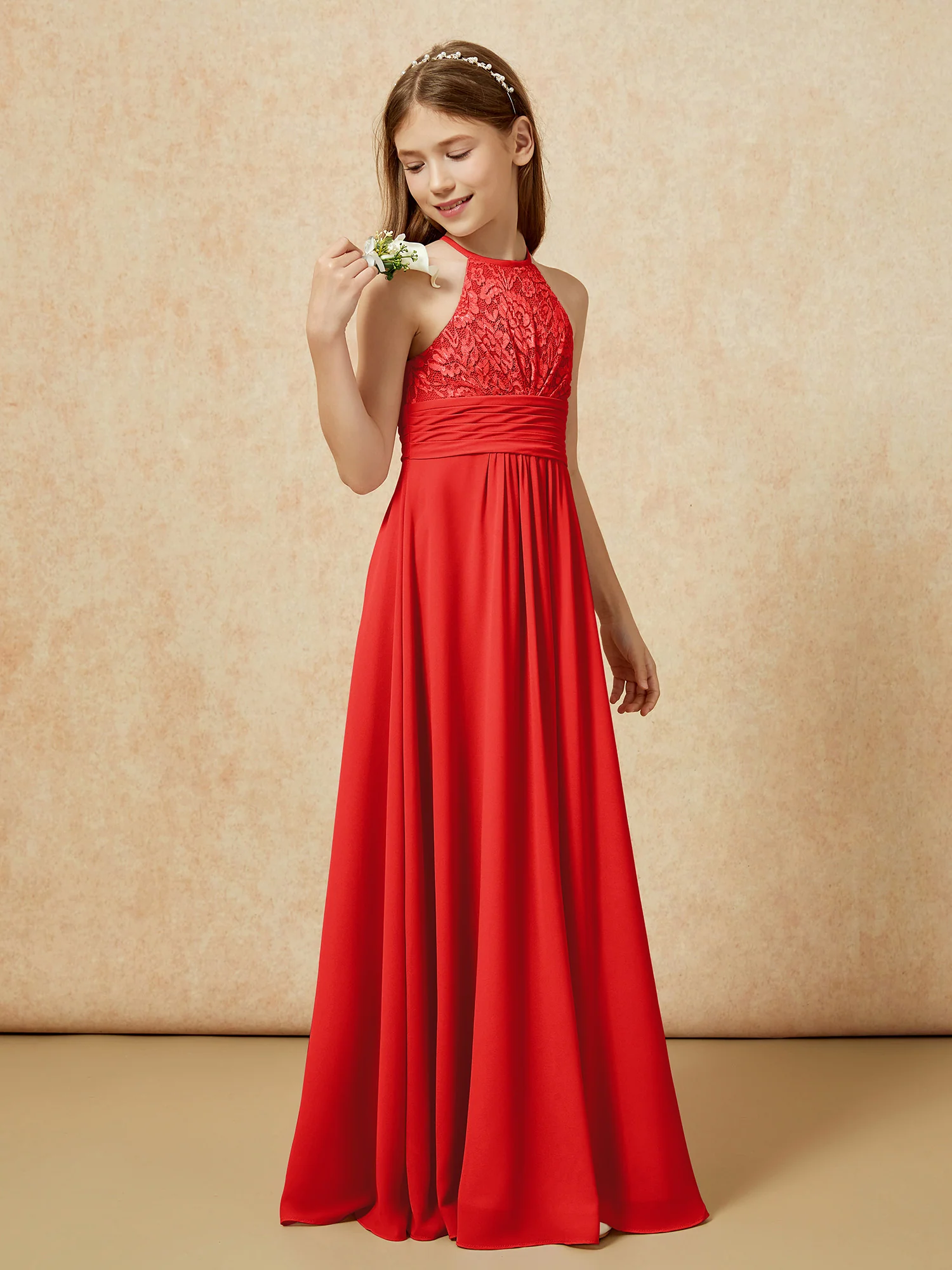 Halter Neck Lace Top Chiffon Junior Bridesmaid Dress Red - Image 3