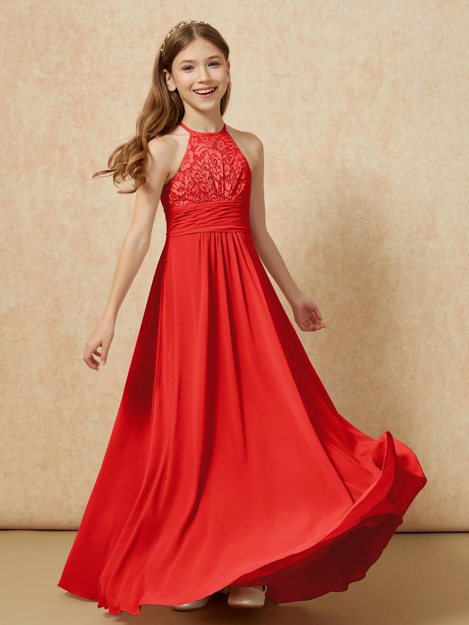 Halter Neck Lace Top Chiffon Junior Bridesmaid Dress Red - Image 4