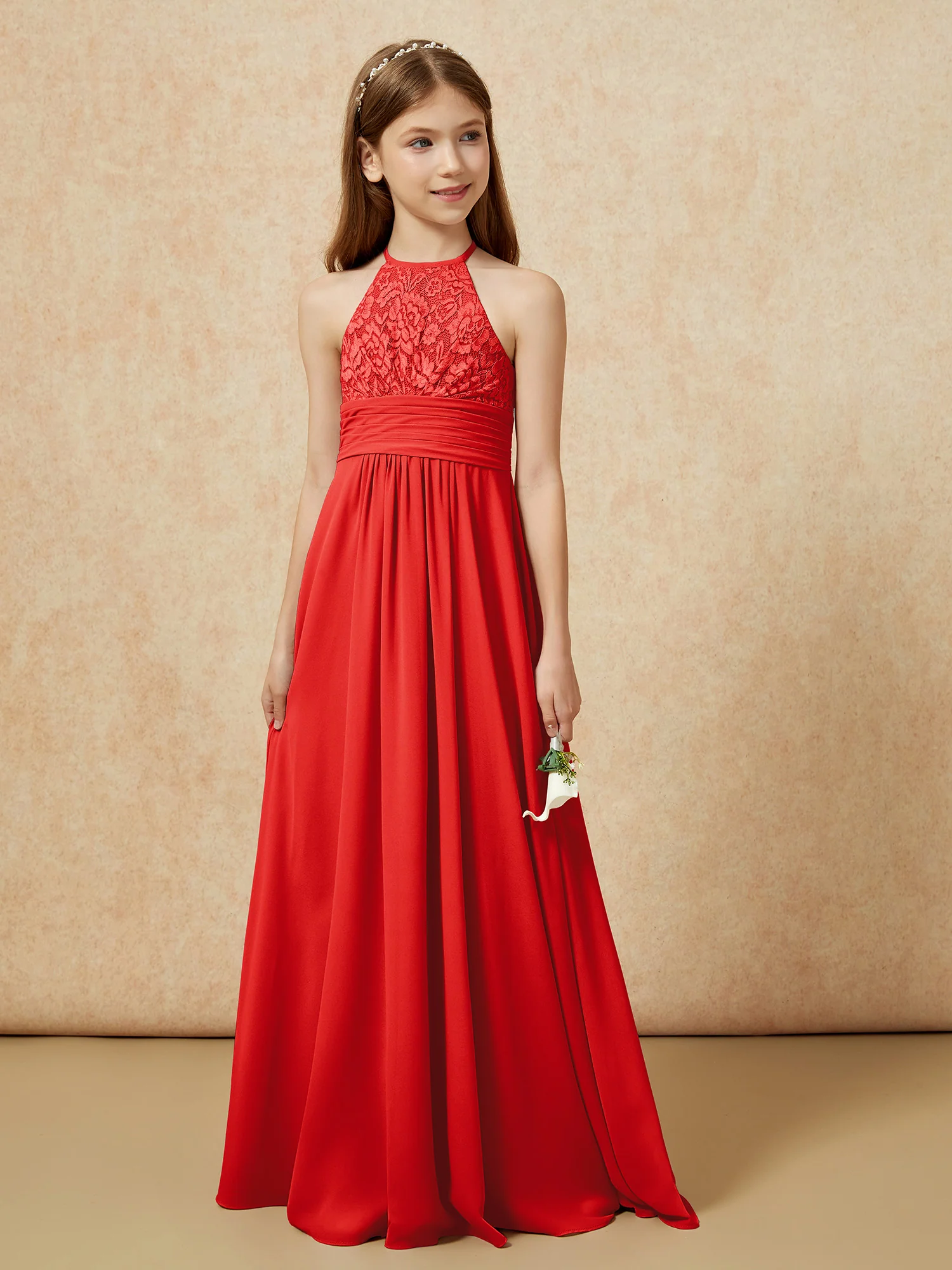 Halter Neck Lace Top Chiffon Junior Bridesmaid Dress Red - Image 5