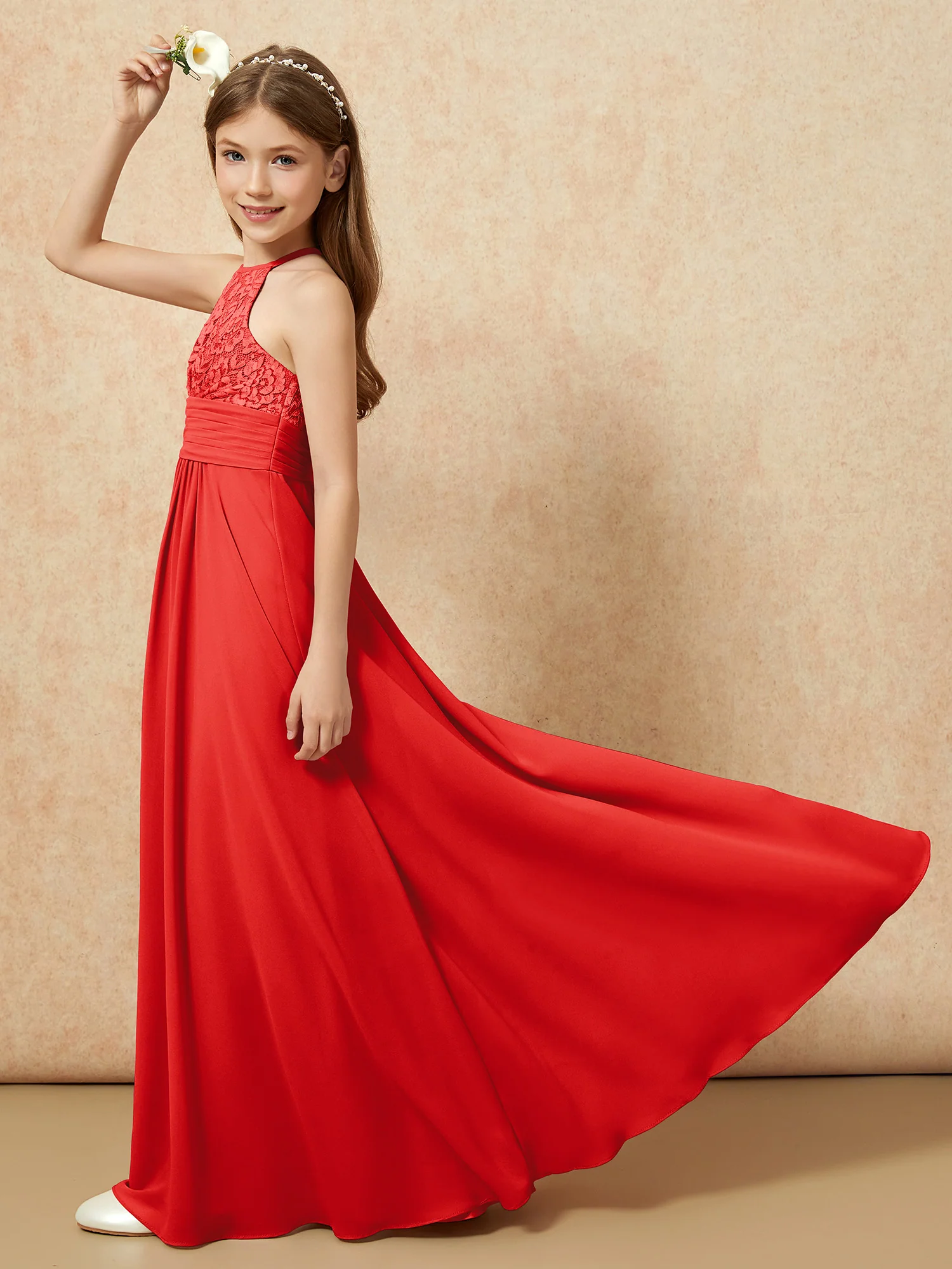 Halter Neck Lace Top Chiffon Junior Bridesmaid Dress Red - Image 6