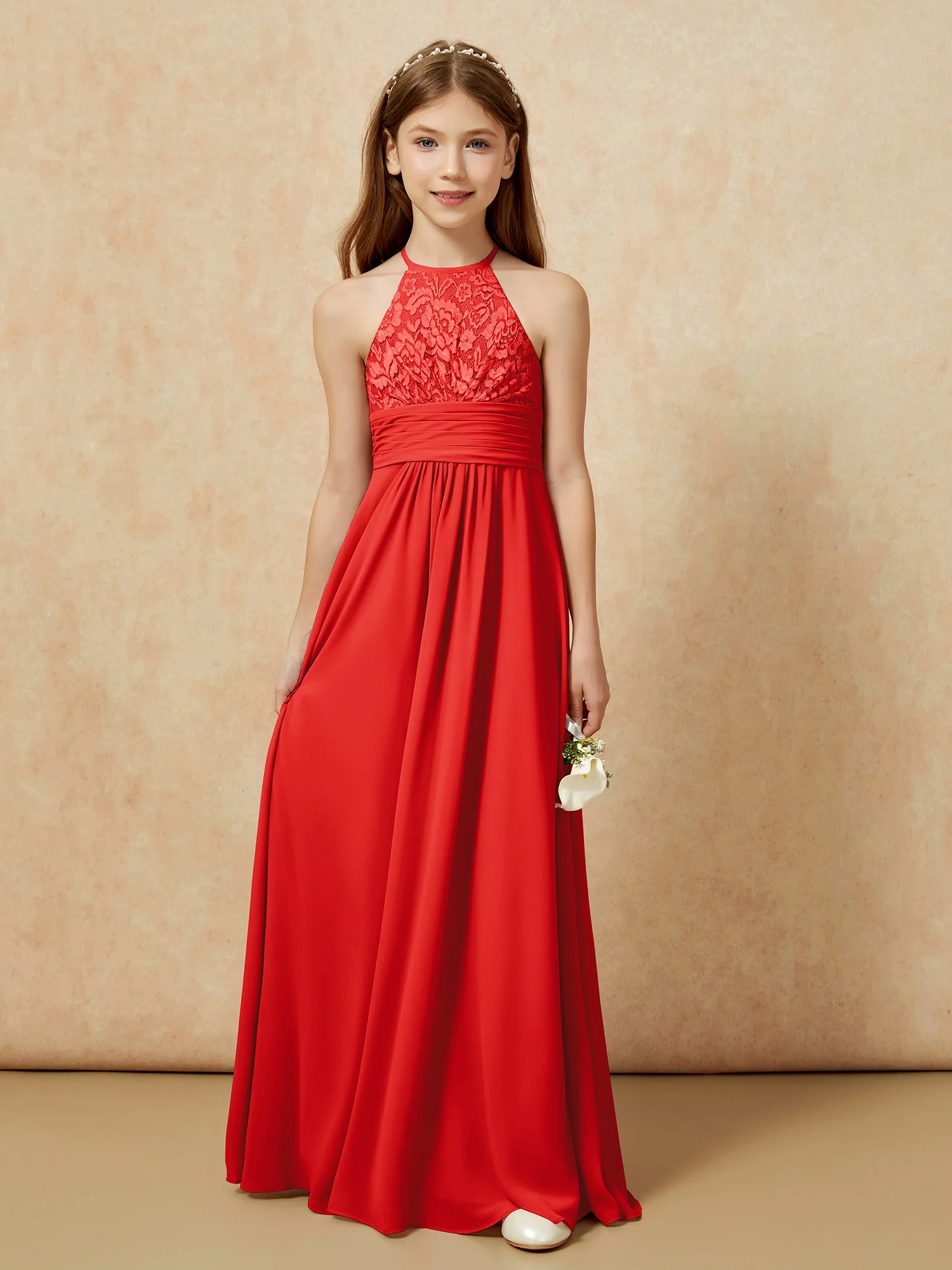 Halter Neck Lace Top Chiffon Junior Bridesmaid Dress Red - Image 7