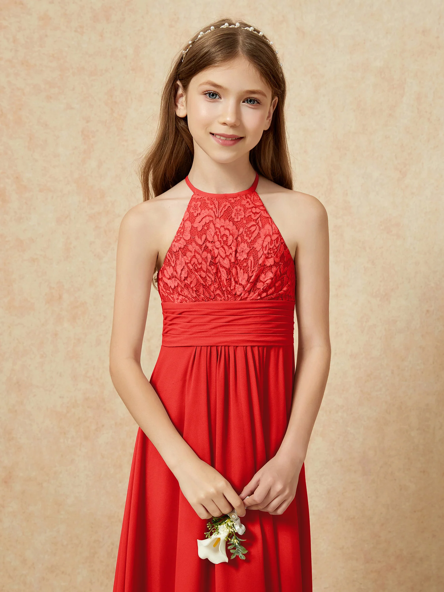 Halter Neck Lace Top Chiffon Junior Bridesmaid Dress Red - Image 8