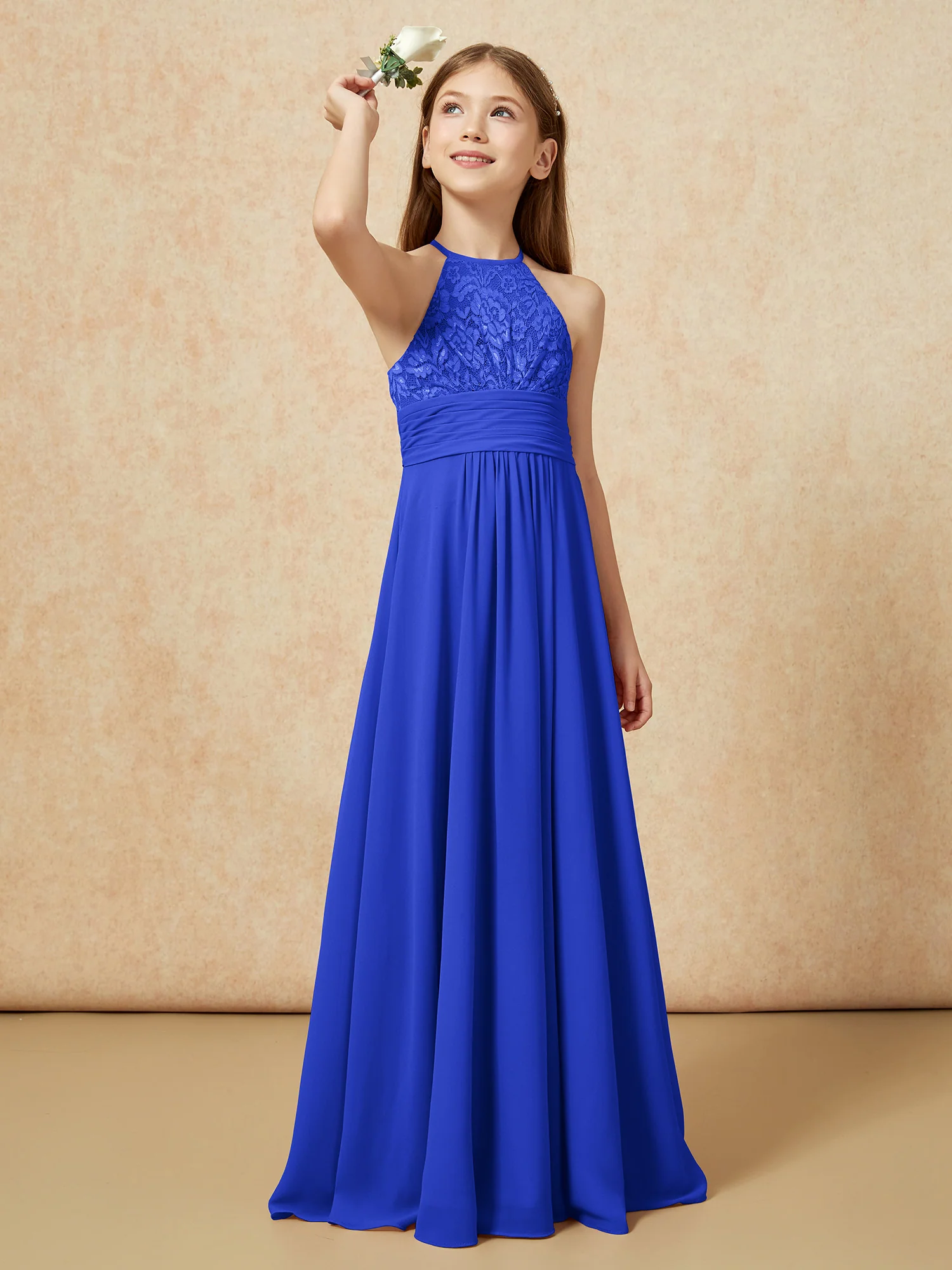 Halter Neck Lace Top Chiffon Junior Bridesmaid Dress Royal Blue