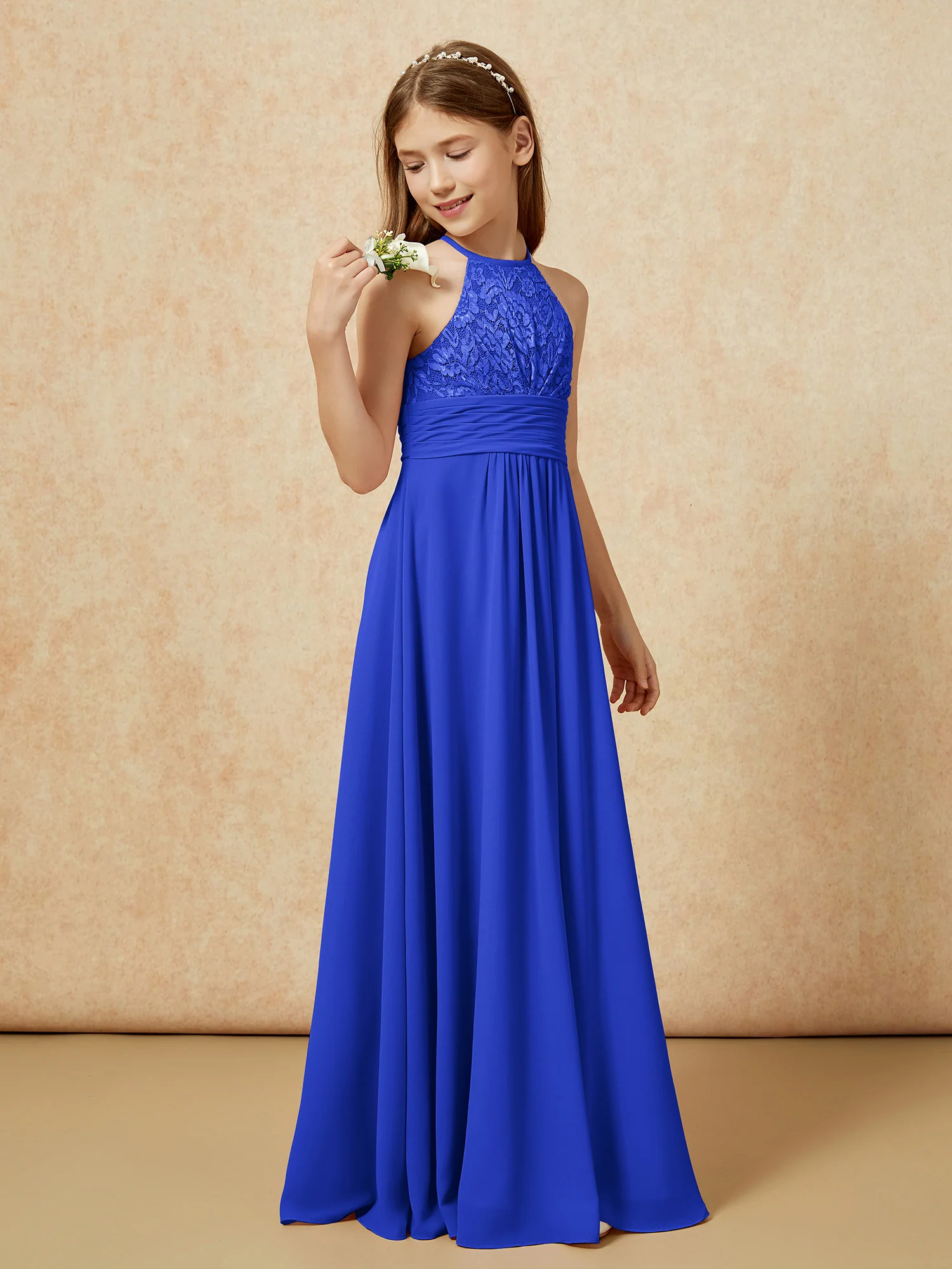 Halter Neck Lace Top Chiffon Junior Bridesmaid Dress Royal Blue - Image 3