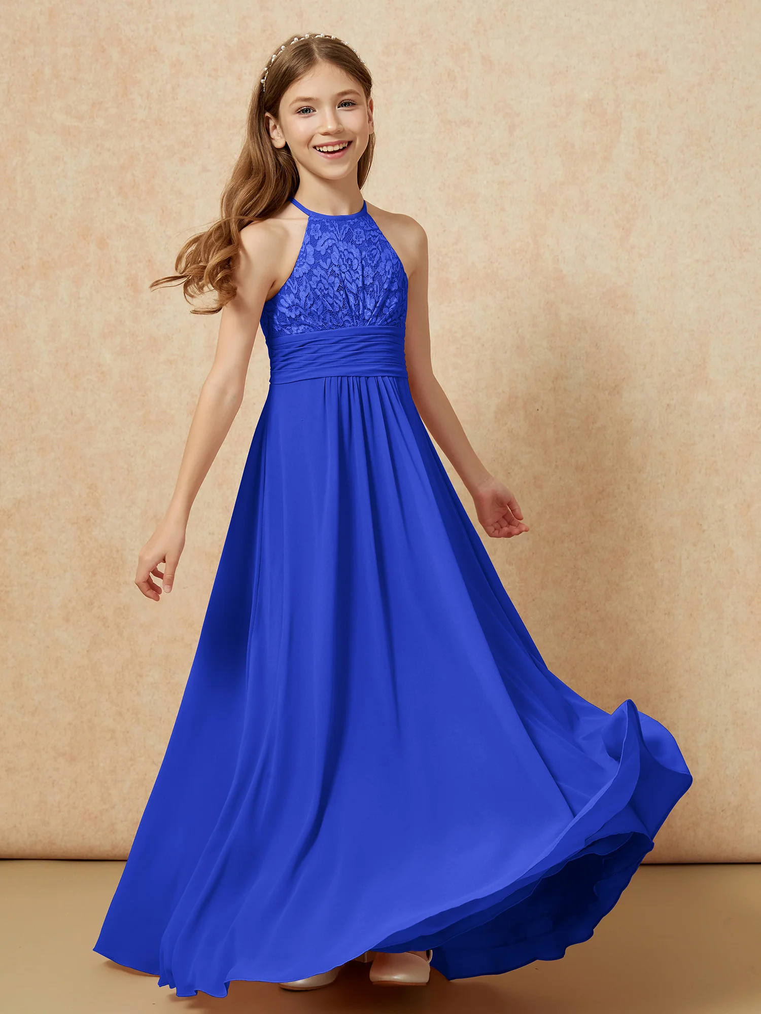 Halter Neck Lace Top Chiffon Junior Bridesmaid Dress Royal Blue - Image 4